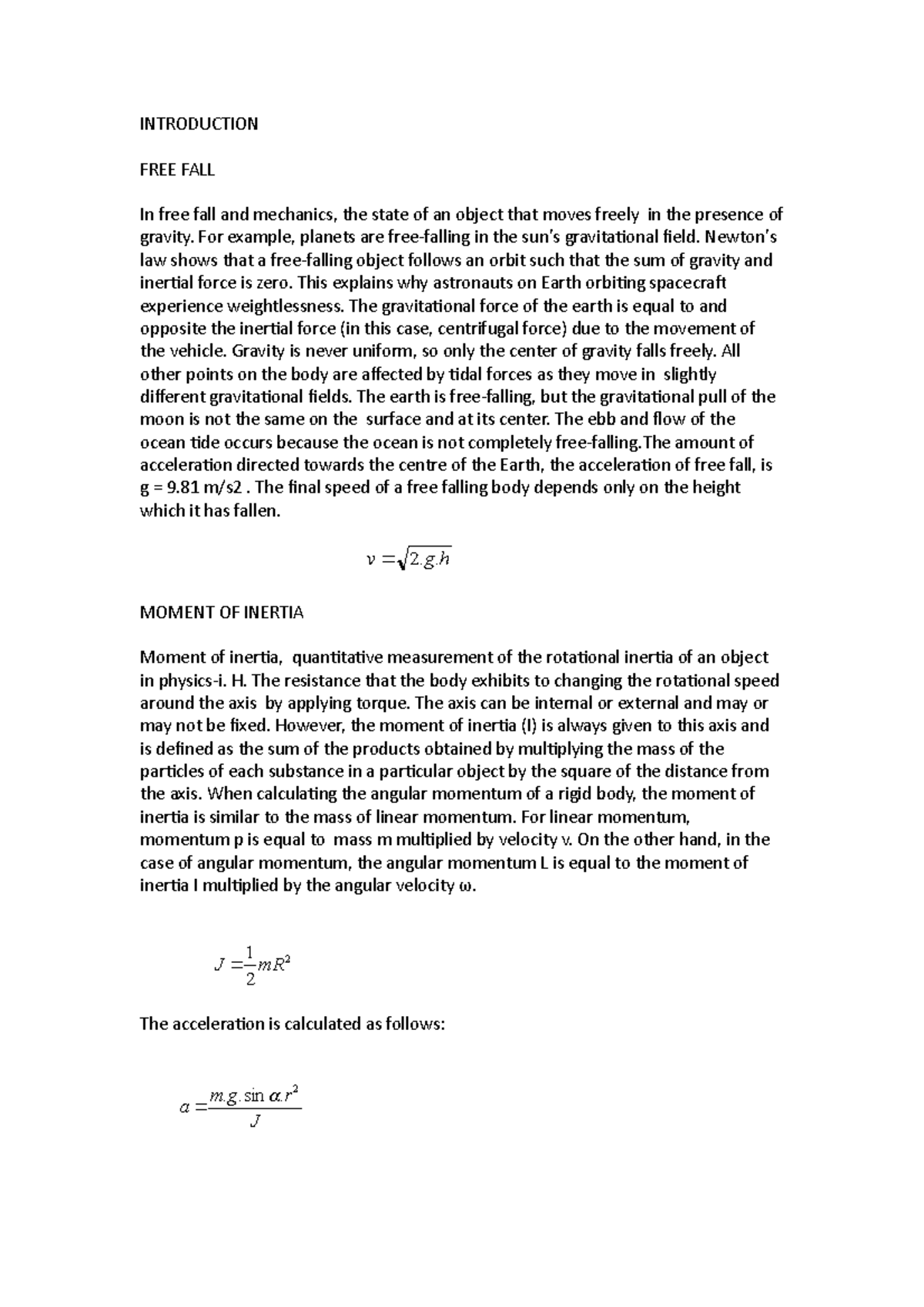Experiment 1a mm214 - assignment report - INTRODUCTION FREE FALL In ...