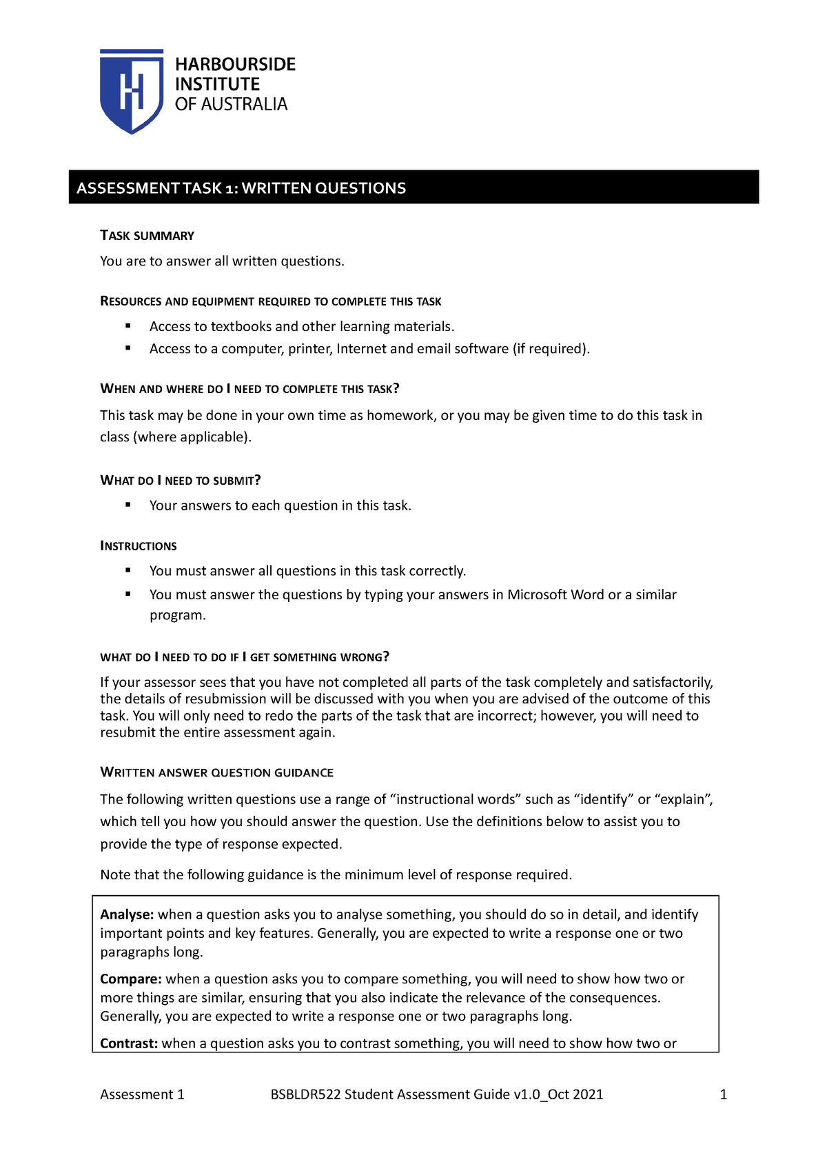 Bsbldr 522 Assessment Task 1 V1 - ASSESSMENT TASK 1: WRITTEN QUESTIONS ...