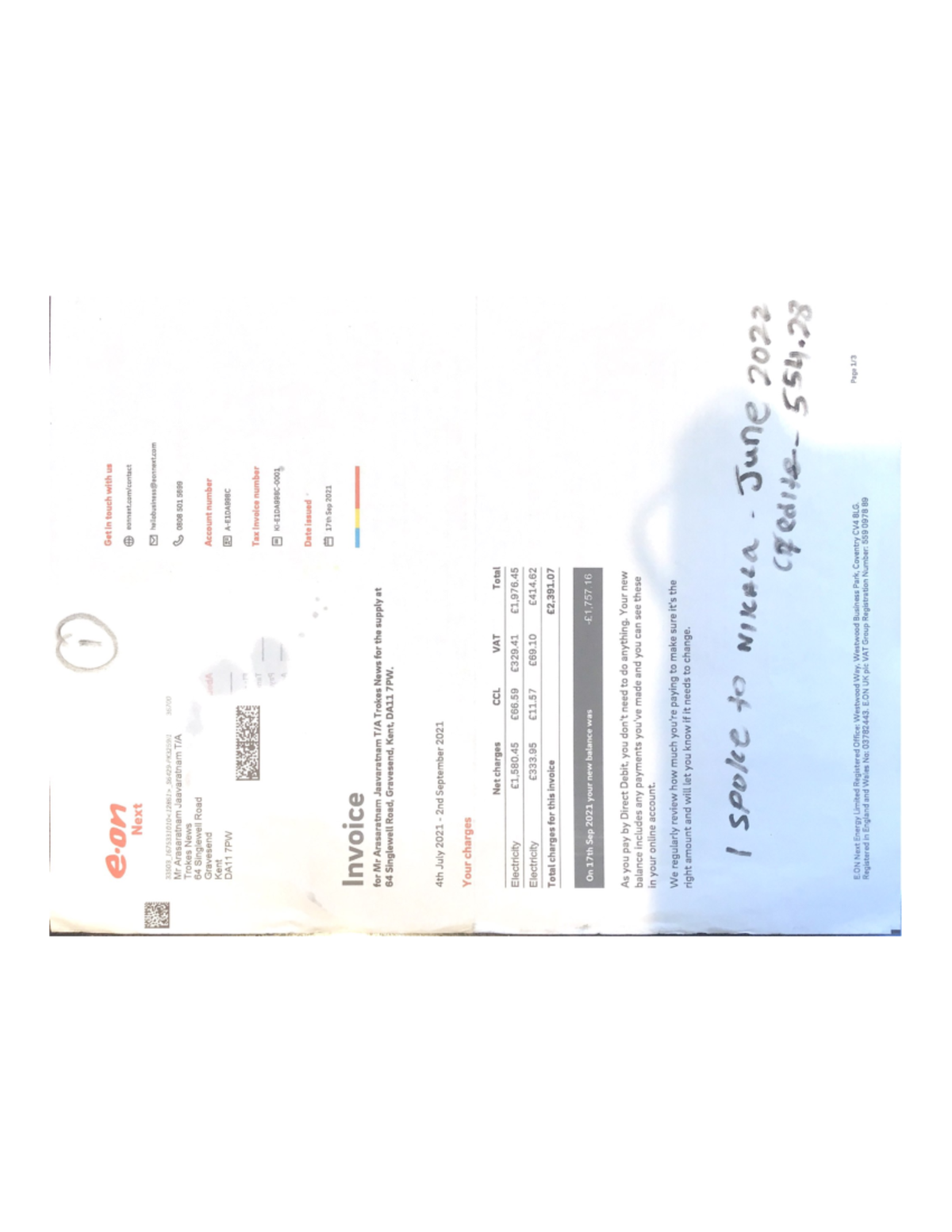 Invoice Details for E.ON Next - June 2022 - Get in touch with us Next ...