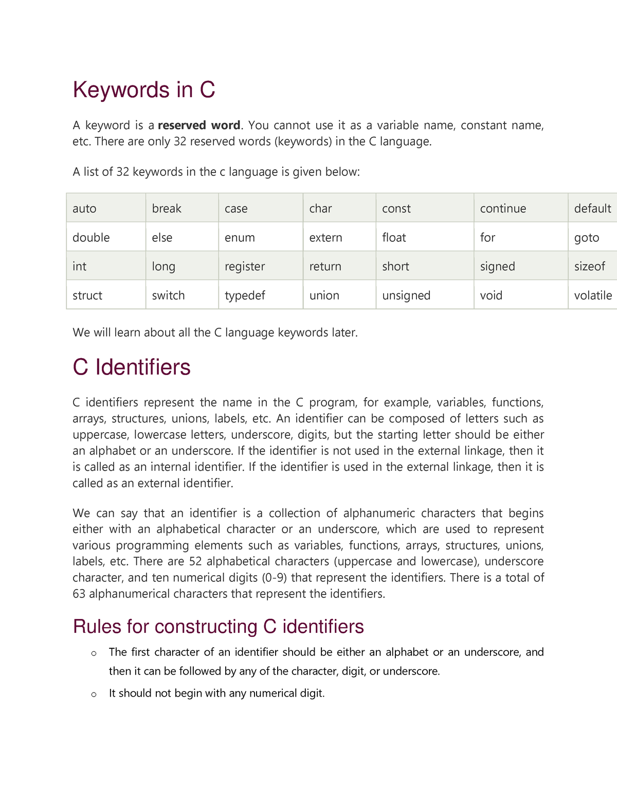 Keywords-in-C - Easy notes - Keywords in C A keyword is a reserved word.  You cannot use it as a - Studocu