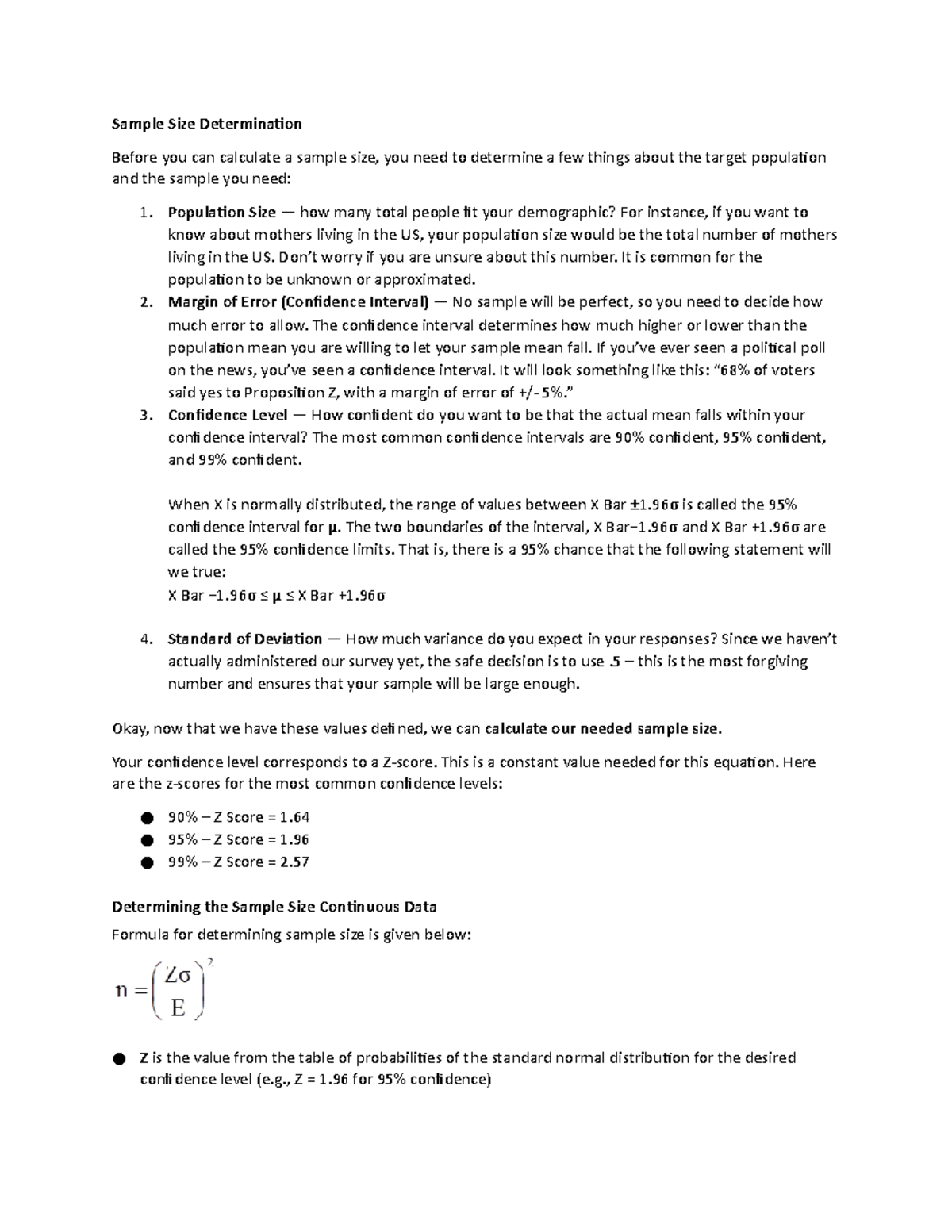 Determining the Sample Size (Continuous Data) Sample Size