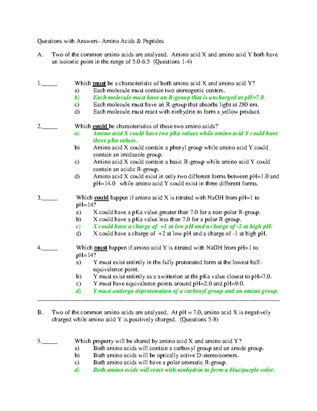 Answers Amino Acids Peptides Questions with Answers Amino Acids