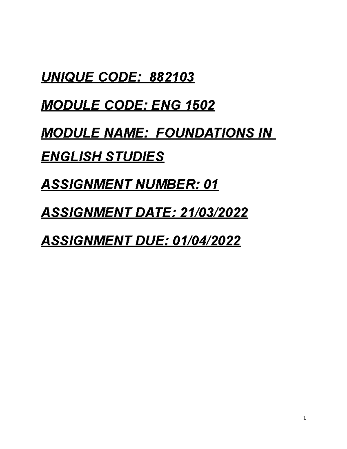 FOUNDATIONS IN ENGLISH LANGUAGE STUDIES UNIQUE CODE 882103 MODULE