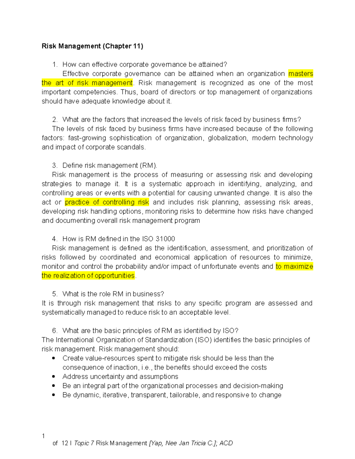 Topic 7 Individual Activity ACD - Risk Management (Chapter 11) How can ...