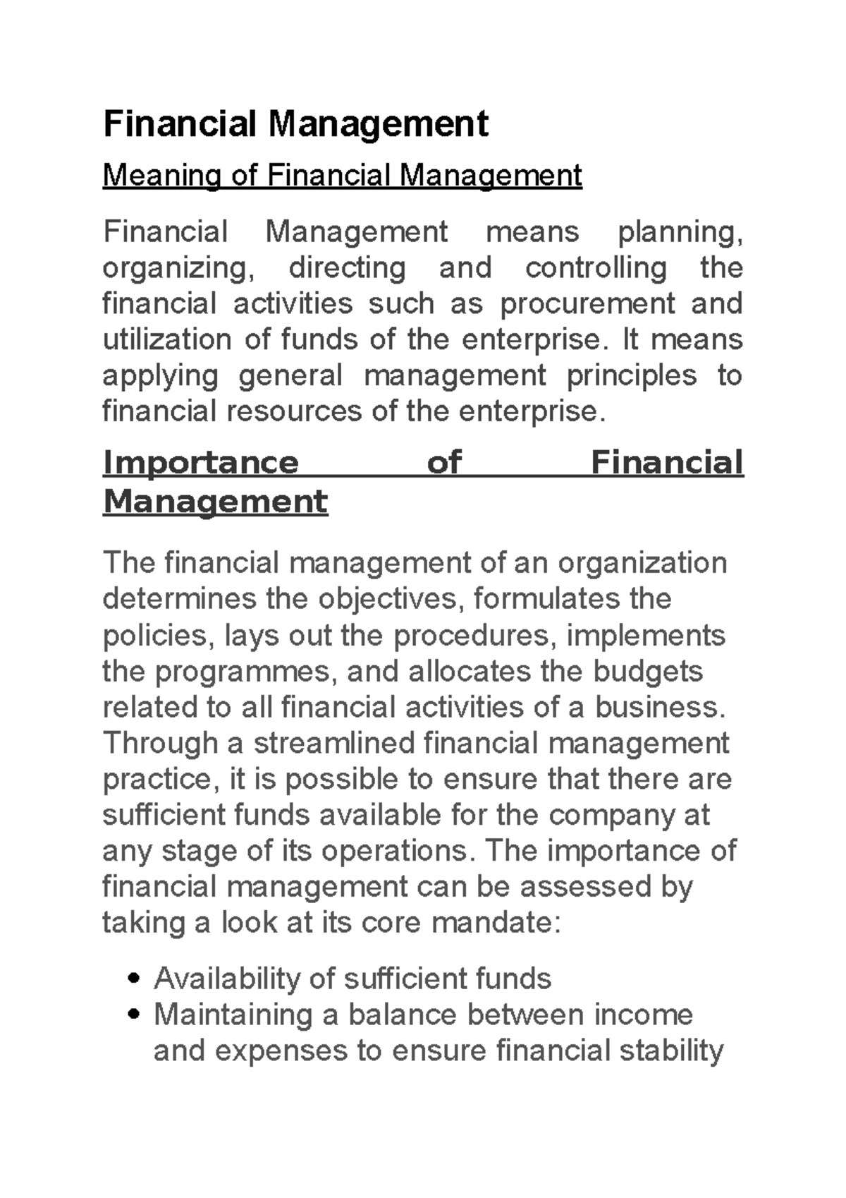 Financial Management Meaning In English