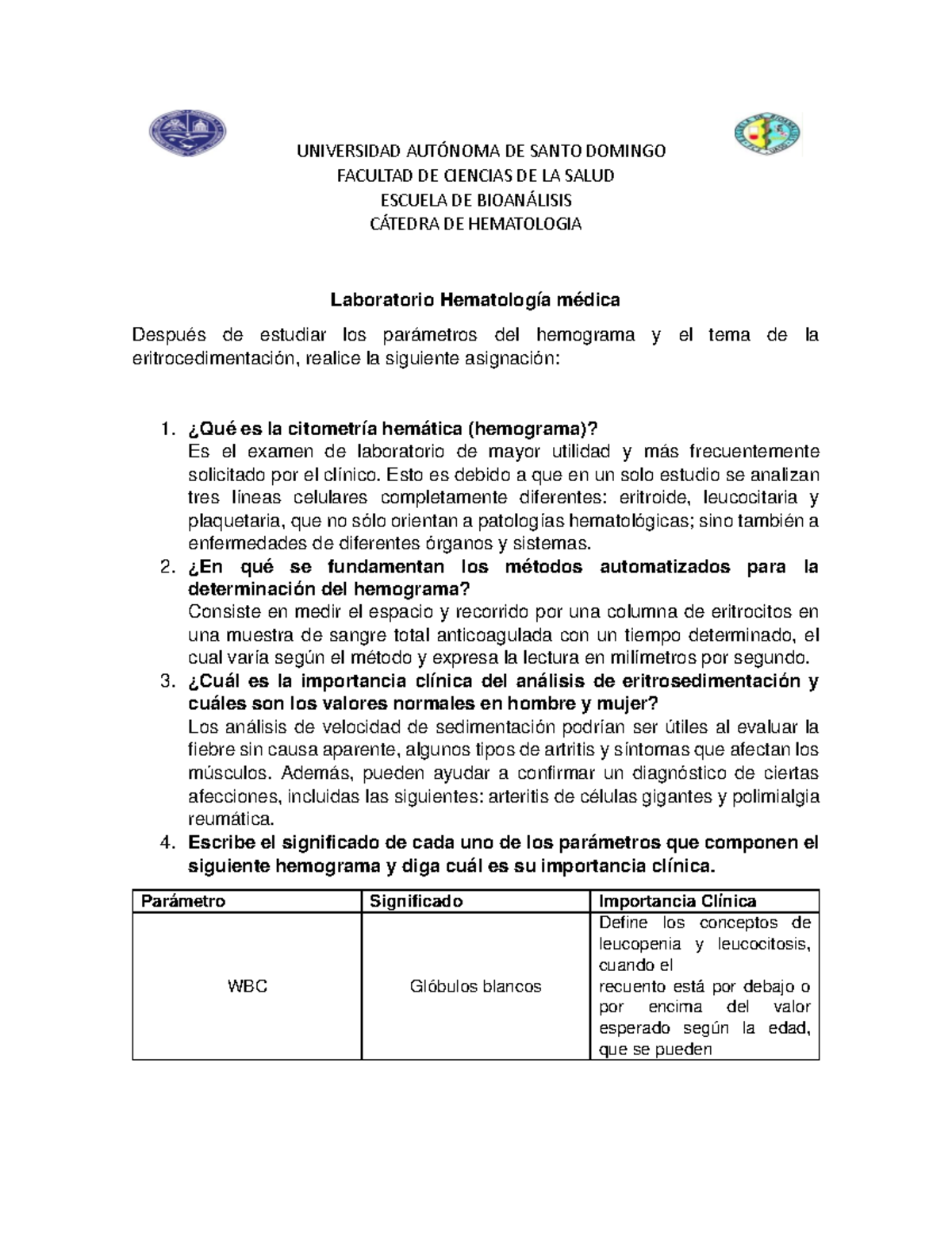 Parámetros del hemograma y eritrosedimentación - UNIVERSIDAD AUTÓNOMA ...