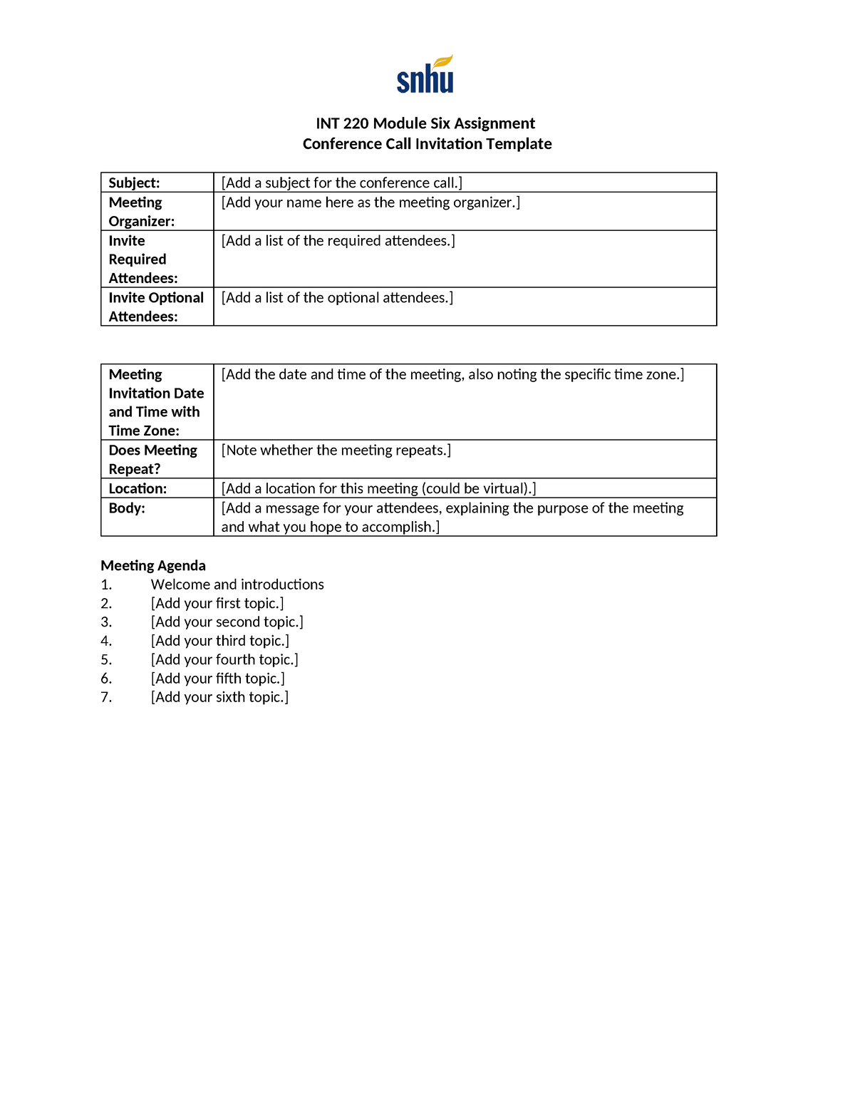 INT 220 Conference Call Invitation Template - INT 220 Module Six ...