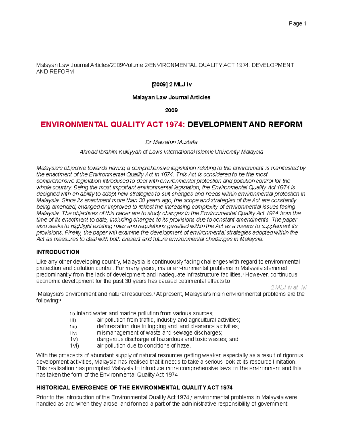 Environmental Quality ACT 1974 Development - Malayan Law Journal ...