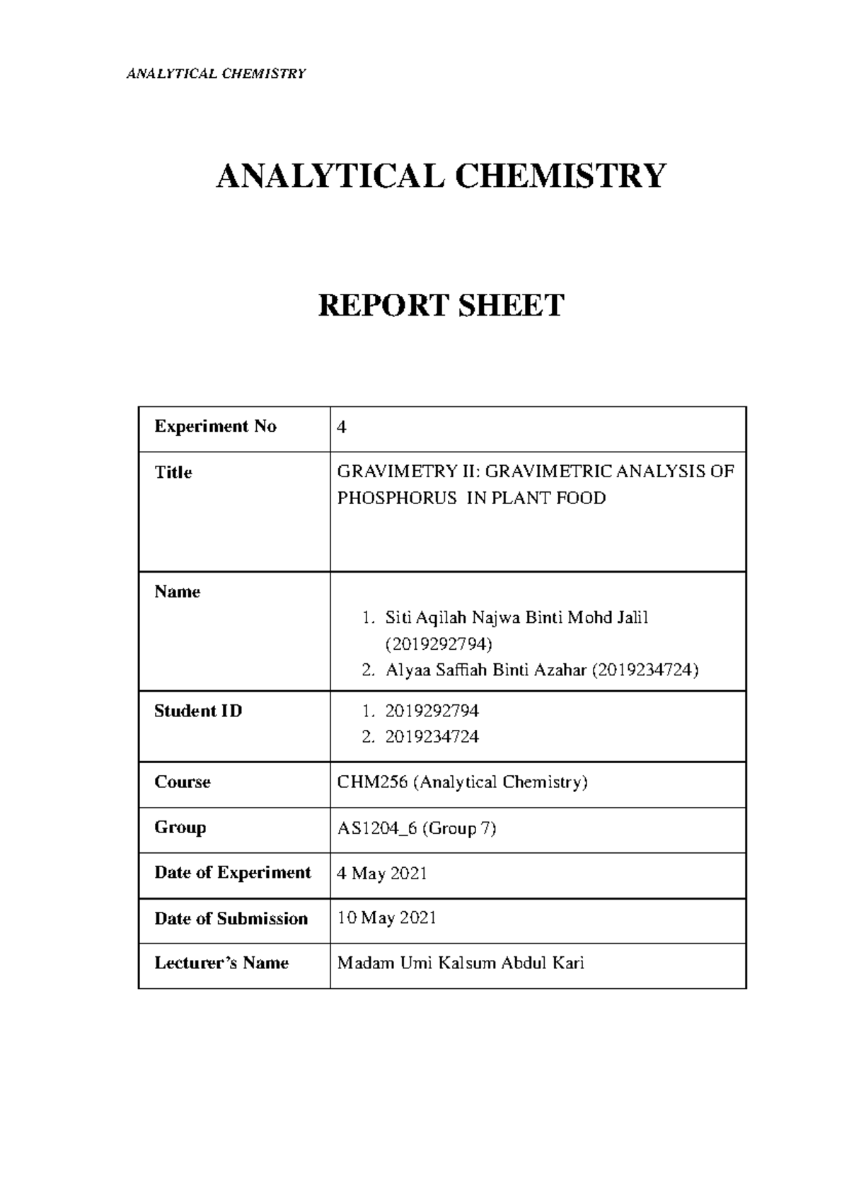 Exp 4 chm256 report sheet analytic chemistry Compress ANALYTICAL 