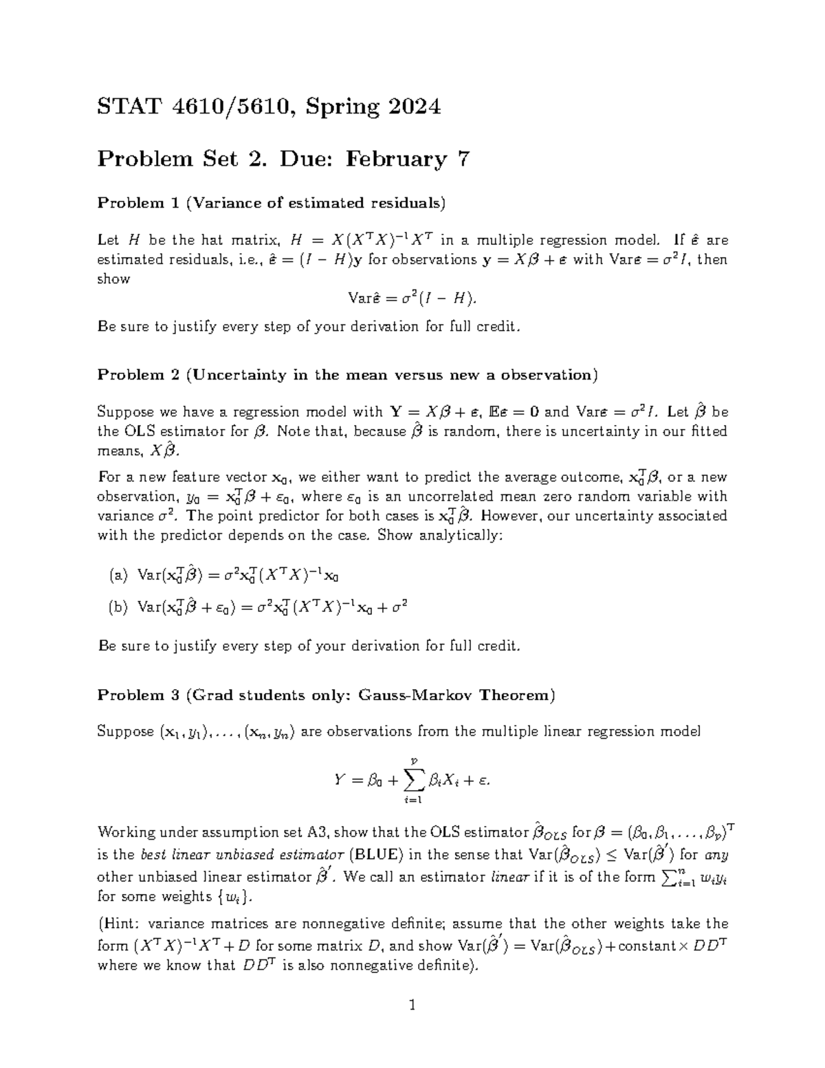 HW2-3 - HW2 - STAT 4610/5610, Spring 2024 Problem Set 2. Due: February ...