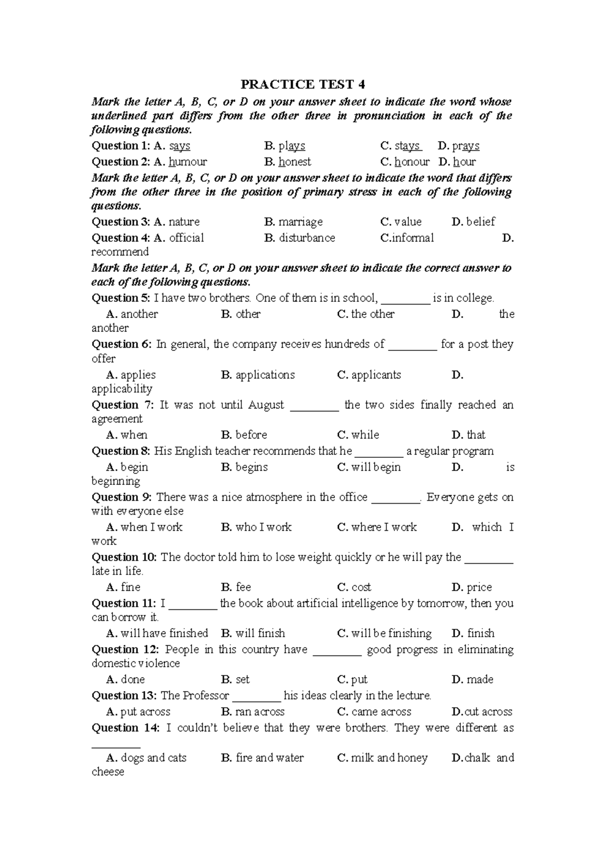 Practice TEST 4 - PRACTICE TEST 4 Mark The Letter A, B, C, Or D On Your ...