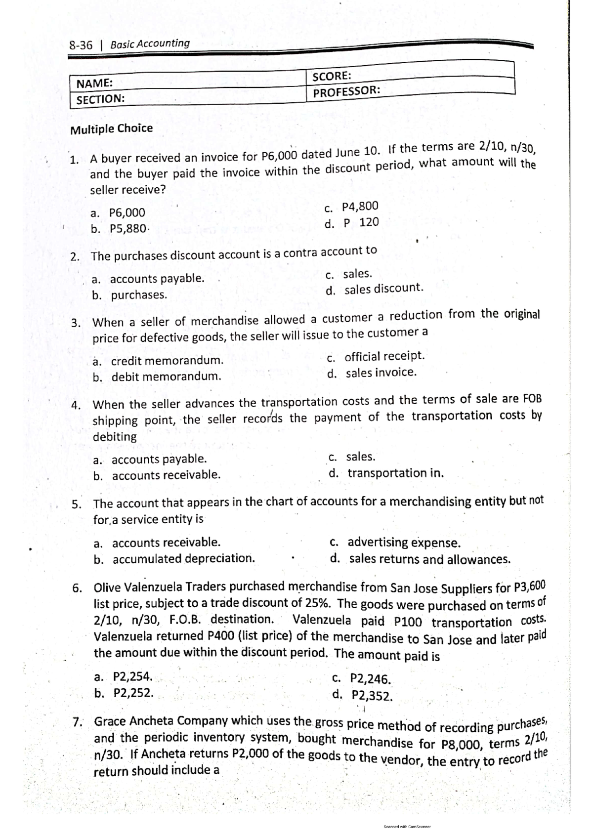 Chapter 8 Multiple Choice (Basic Accounting) - BS Accountancy - Studocu