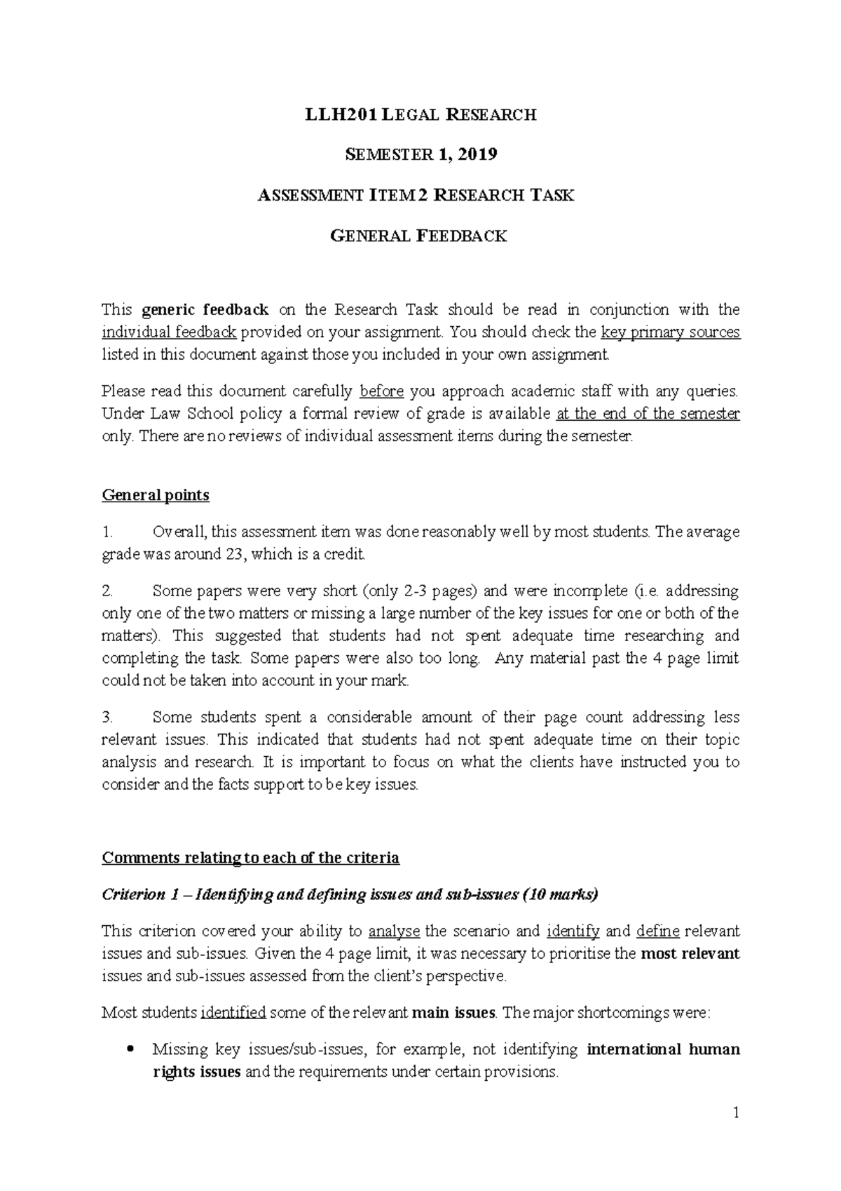 LLH201 Legal Research General Feedback Semester 1 2019 - LLH201 LEGAL ...
