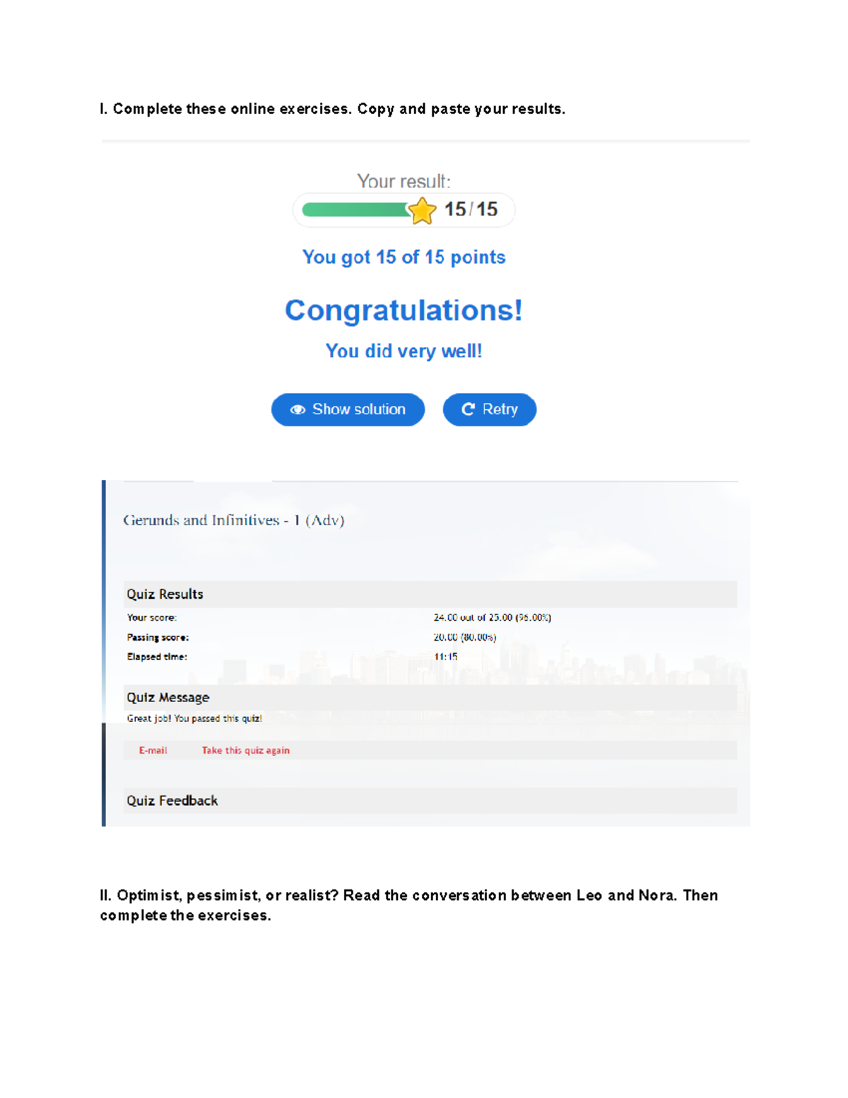 Ex U1 - UNIT 1 PRACTICE - I. Complete these online exercises. Copy and ...