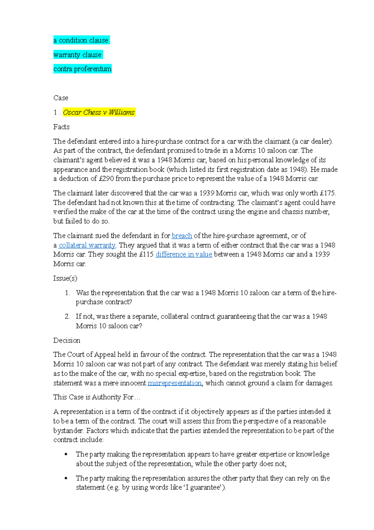 Oscar Chess v Williams For exam a condition clause warranty clause contra proferentum Case Oscar Chess v Williams For exam a condition clause warranty clause contra proferentum Case