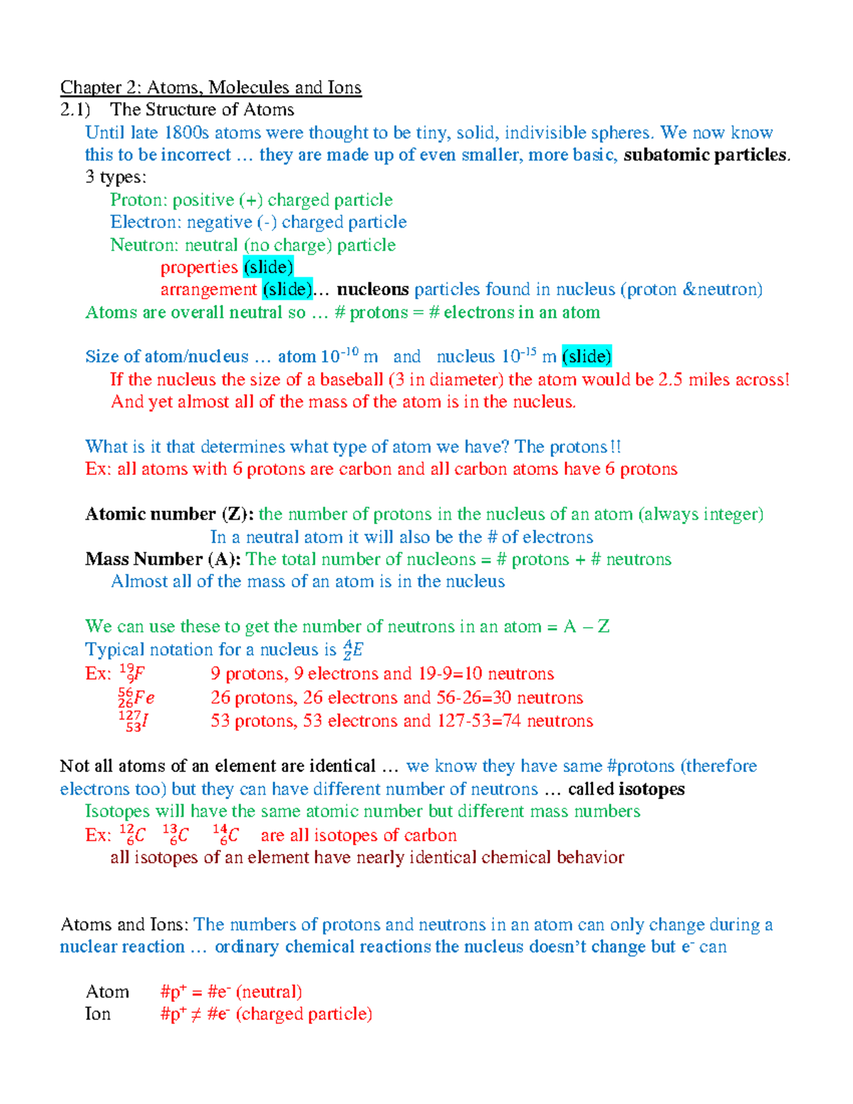 CHEM 1441: Ch. 2 - Atoms and Molecules - Chapter 2: Atoms, Molecules ...
