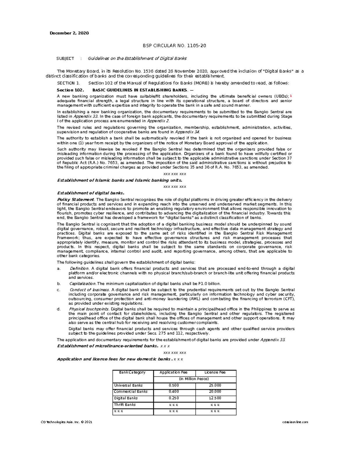 BSP Circular no. 1105 Series of 2020 December 2, 2020 BSP CIRCULAR NO