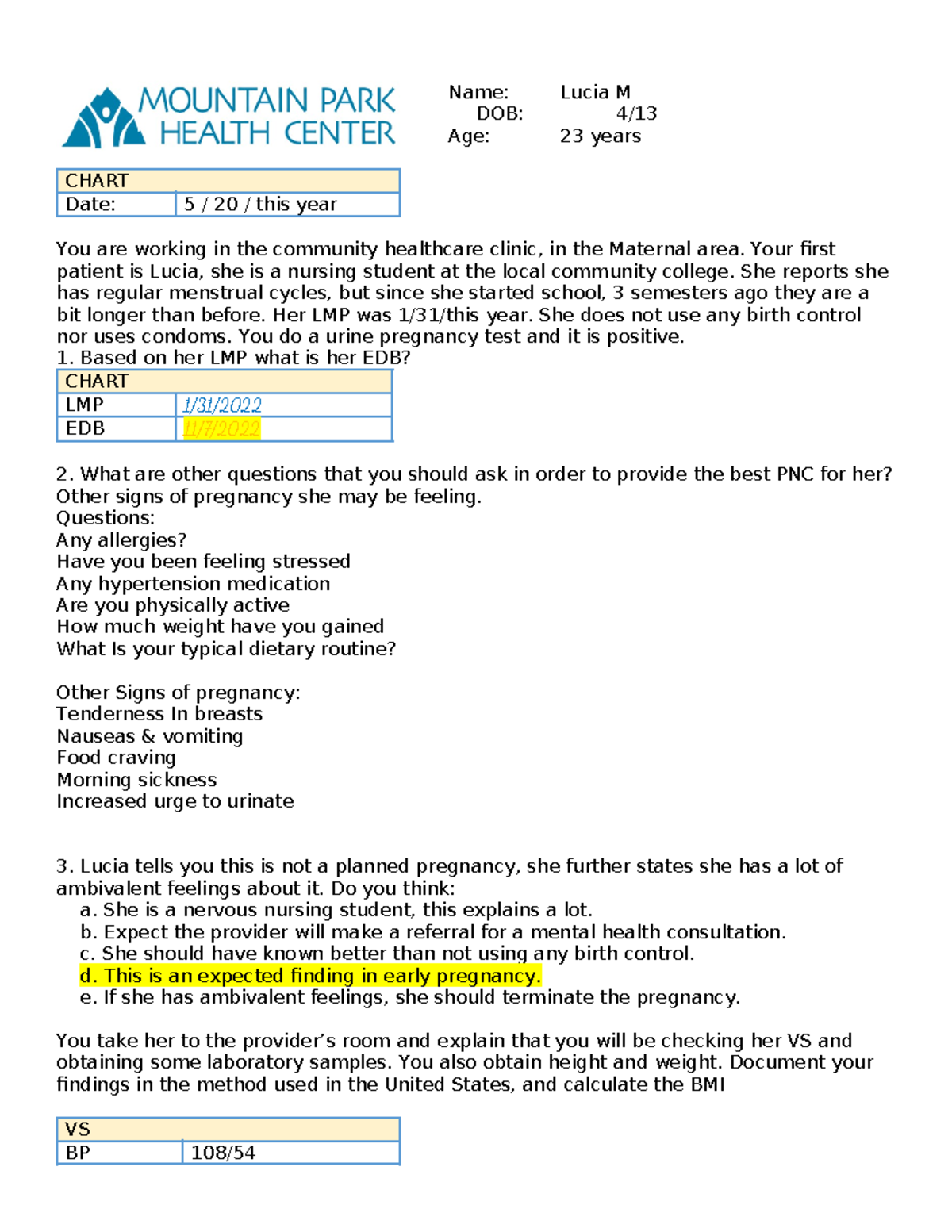 AP - Case 1Study Student Version - LC copy - Name: Lucia M DOB: 4/ Age ...