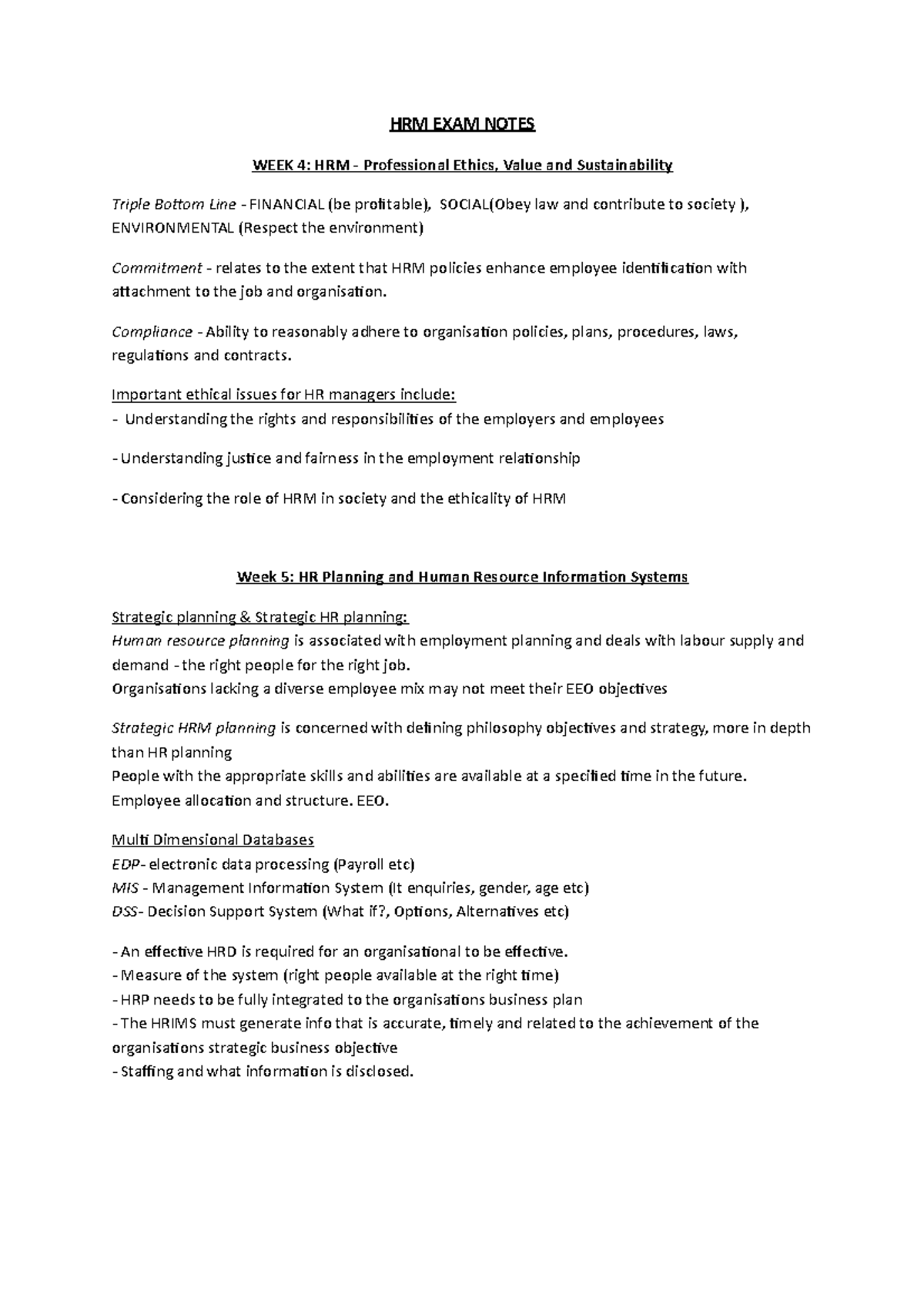 HRM EXAM Notes - HRM EXAM NOTES WEEK 4: HRM - Professional Ethics ...