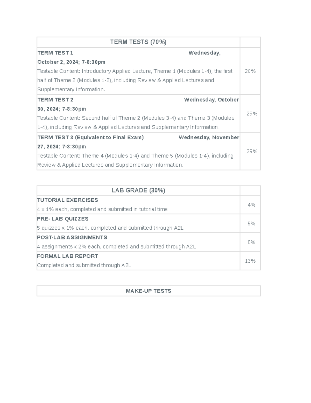 incomplete oulinte for math - TERM TESTS ( 70 %) TERM TEST 1 Wednesday ...