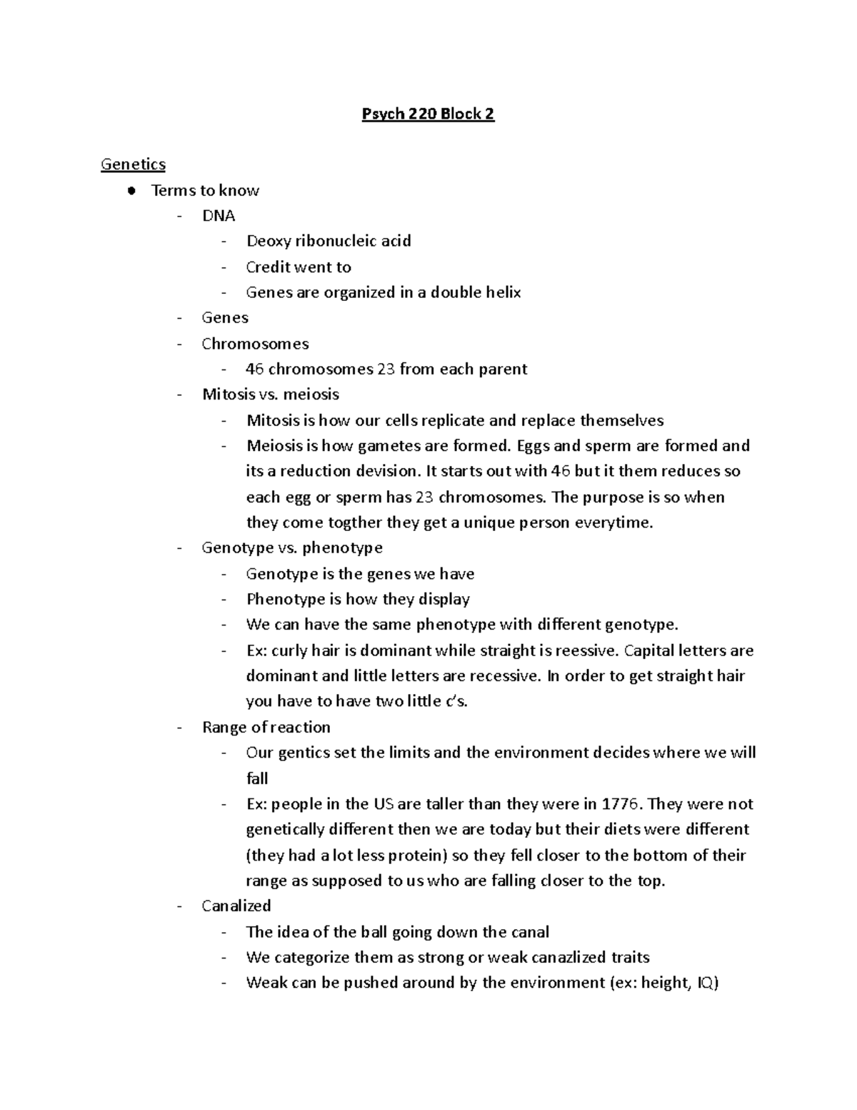 Psych 220 Block 2 - Psych 220 Block 2 Genetics Terms to know - DNA ...