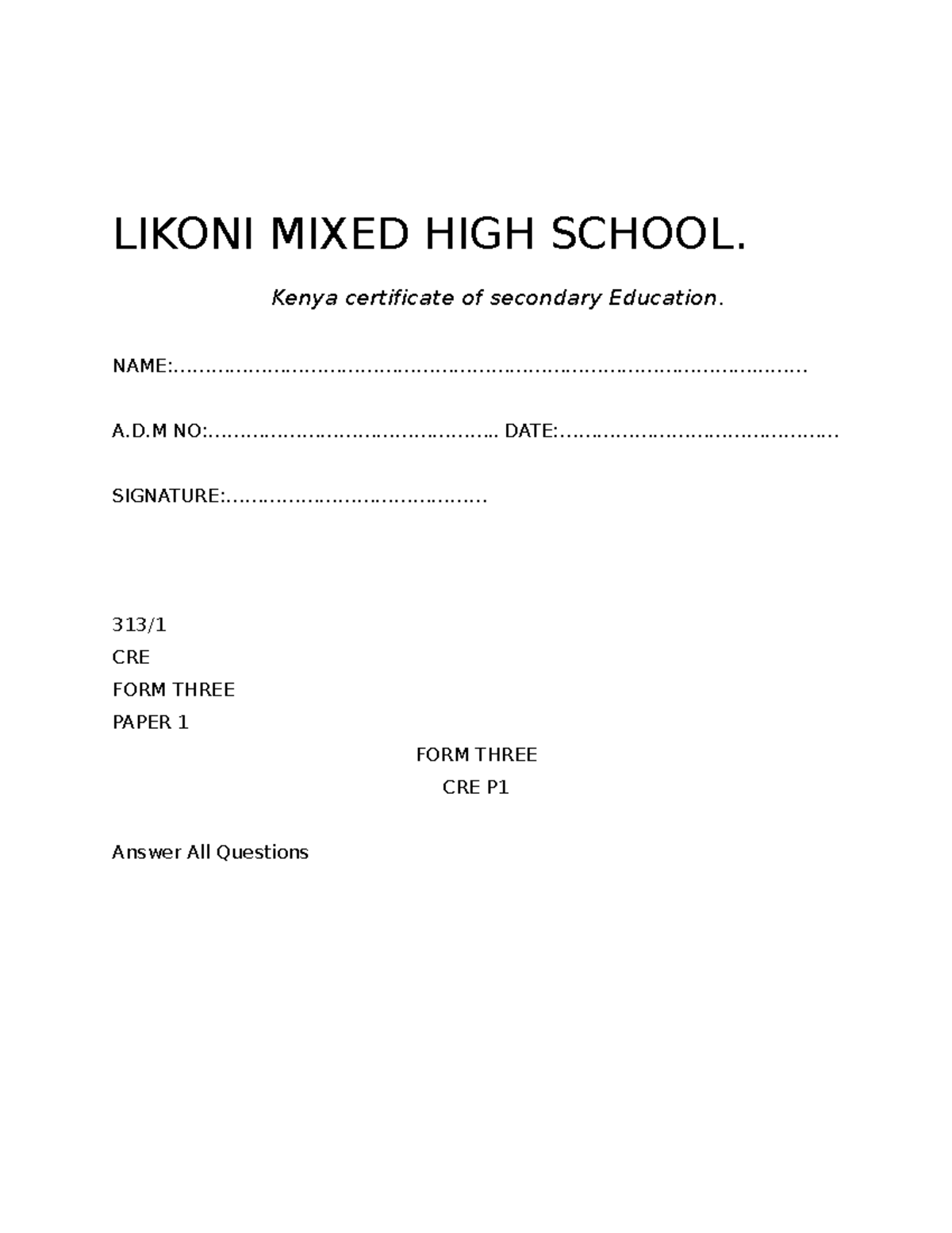 CRE P1 Q revision materials Religious studies KU Studocu