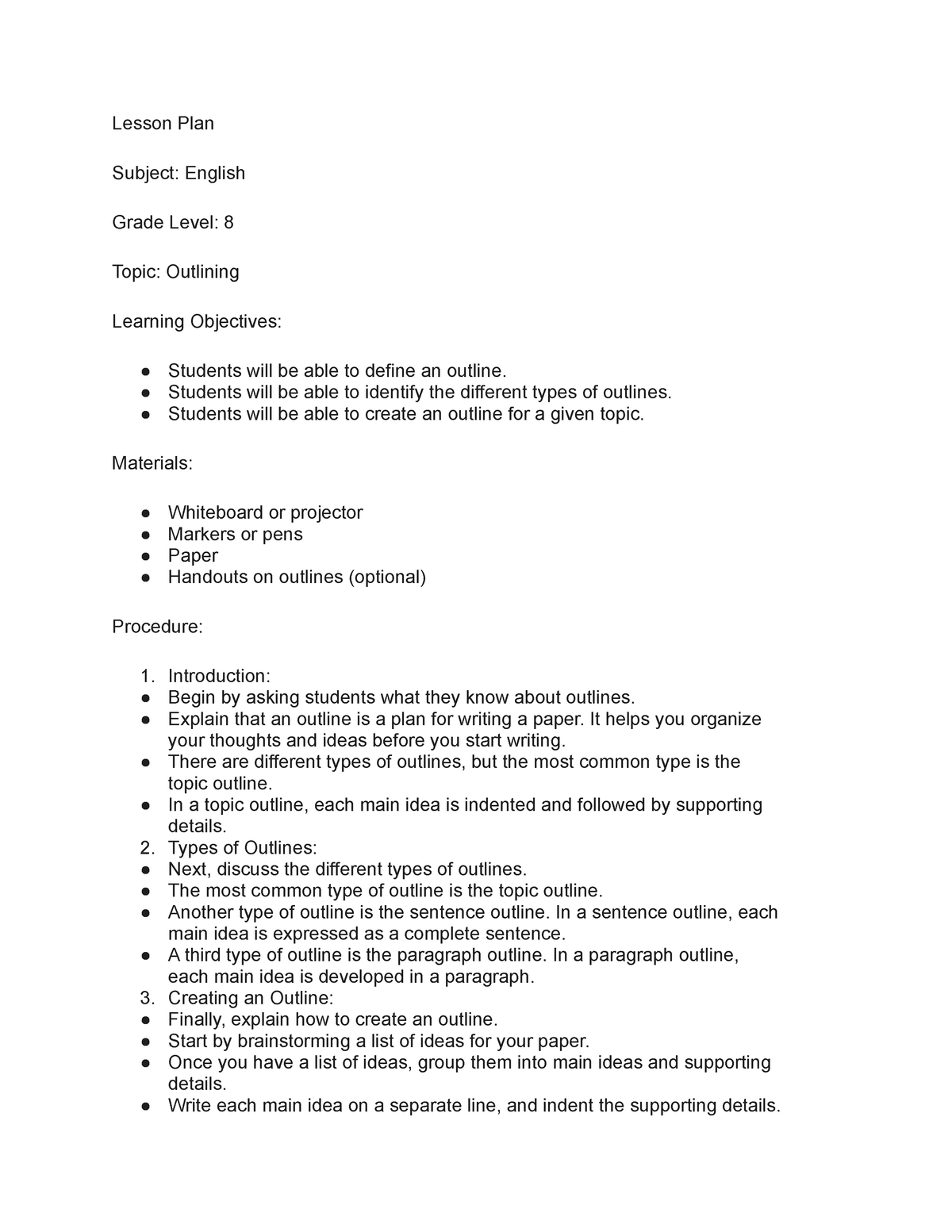 Lesson plan about outline grade 8 - Lesson Plan Subject: English Grade ...