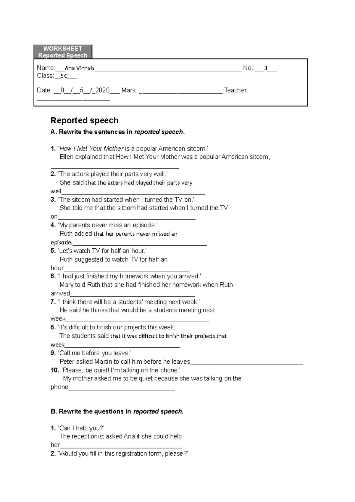 Worksheet Reported Speech 9th May - Reported speech A. Rewrite the ...