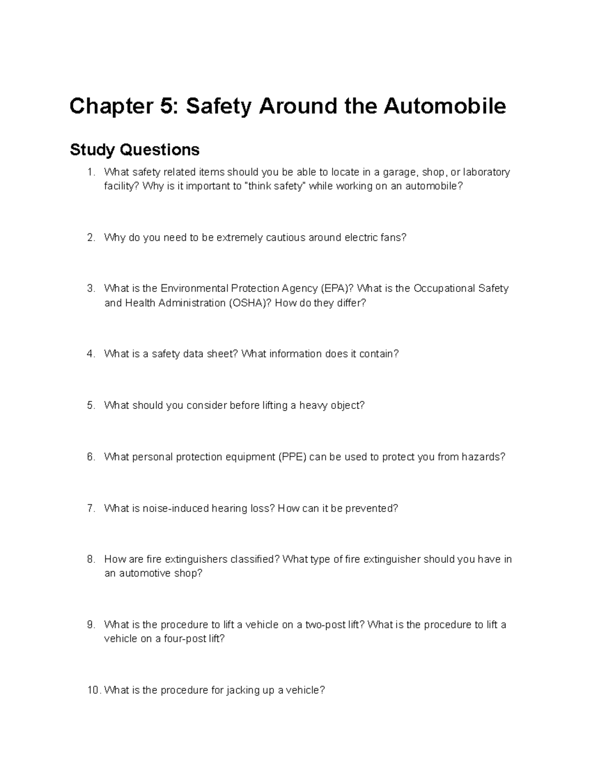 Chapter 4 Automotive basics Chapter 5 Safety Around the Automobile