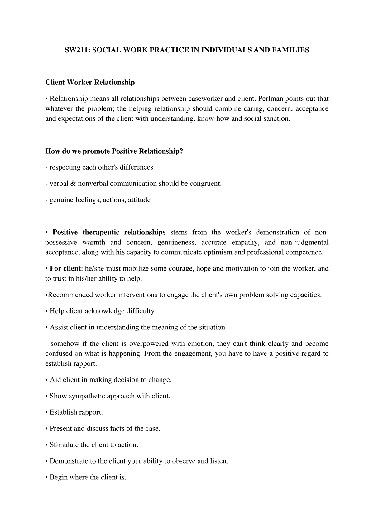 SW211 Client Worker Relationship SW211 SOCIAL WORK PRACTICE IN 