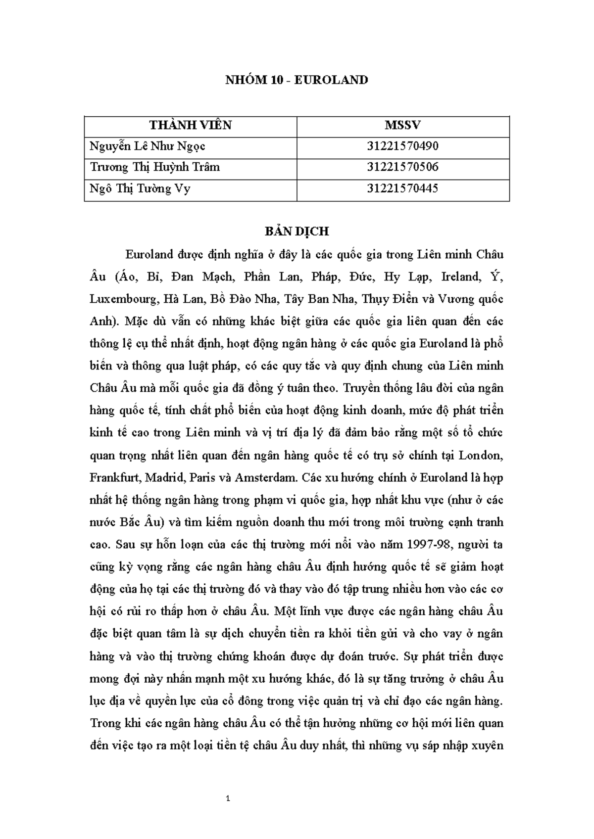 NHÓM 10 - Euroland - 1 NHÓM 10 - EUROLAND THÀNH VIÊN MSSV Nguyễn Lê Như ...