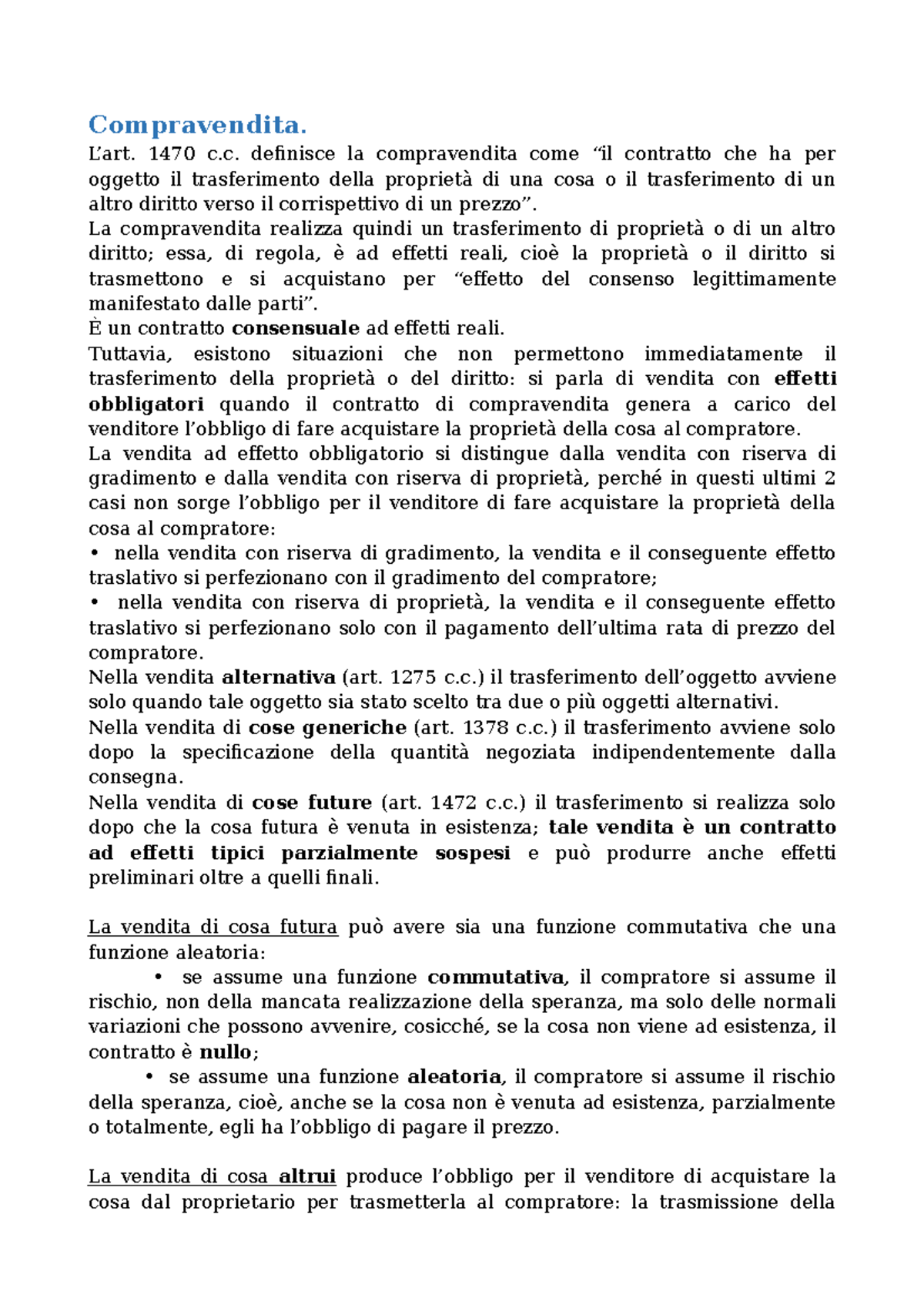 La compravendita - Compravendita. L’art. 1470 c. definisce la ...