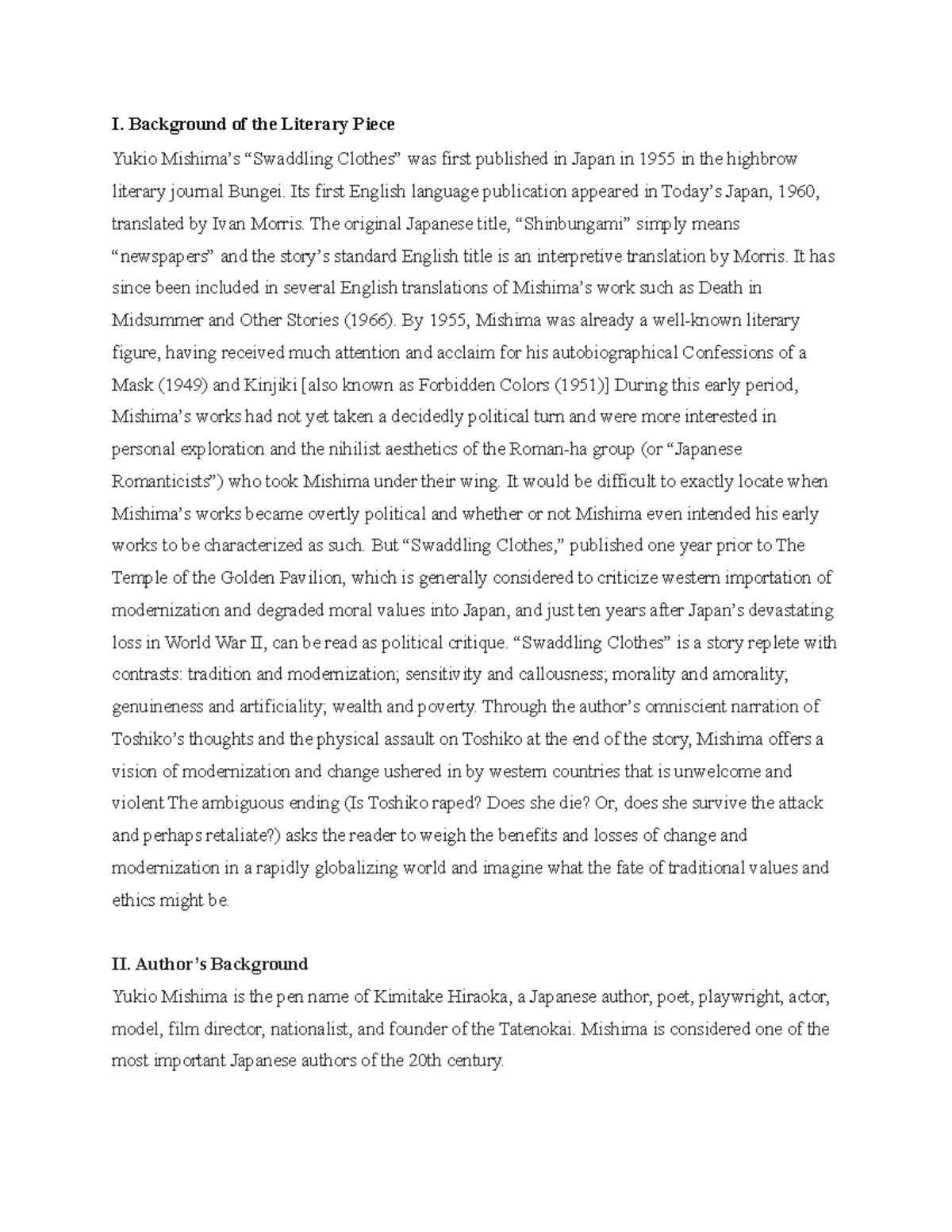 Research Swaddling Clothes I. Background of the Literary Piece