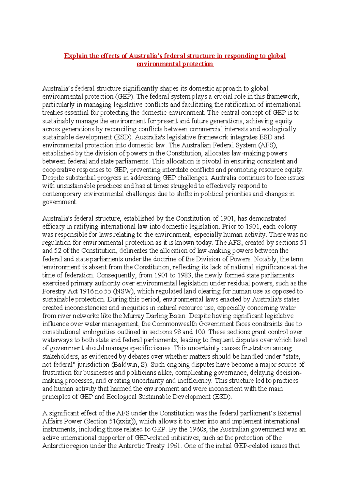 Australia's Federal Structure GEP Essay - Explain the effects of ...