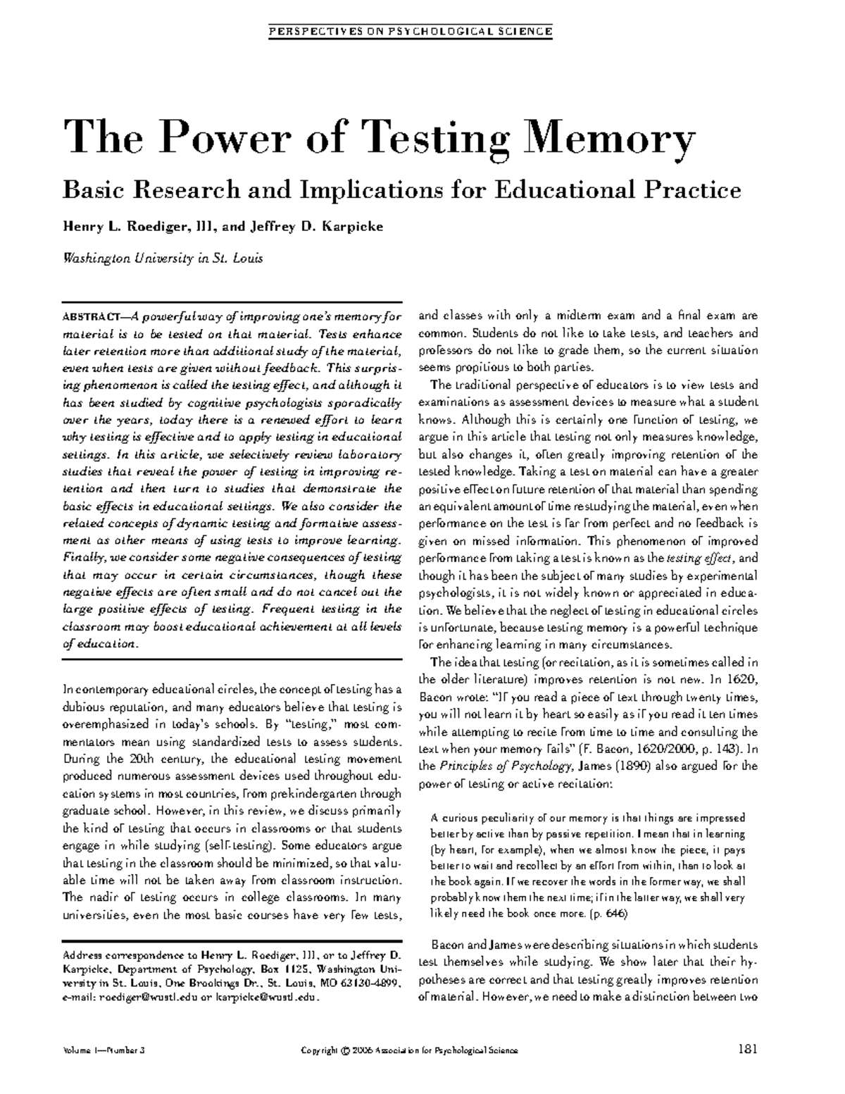 The Power of Testing Memory Basic Research and Implication for ...
