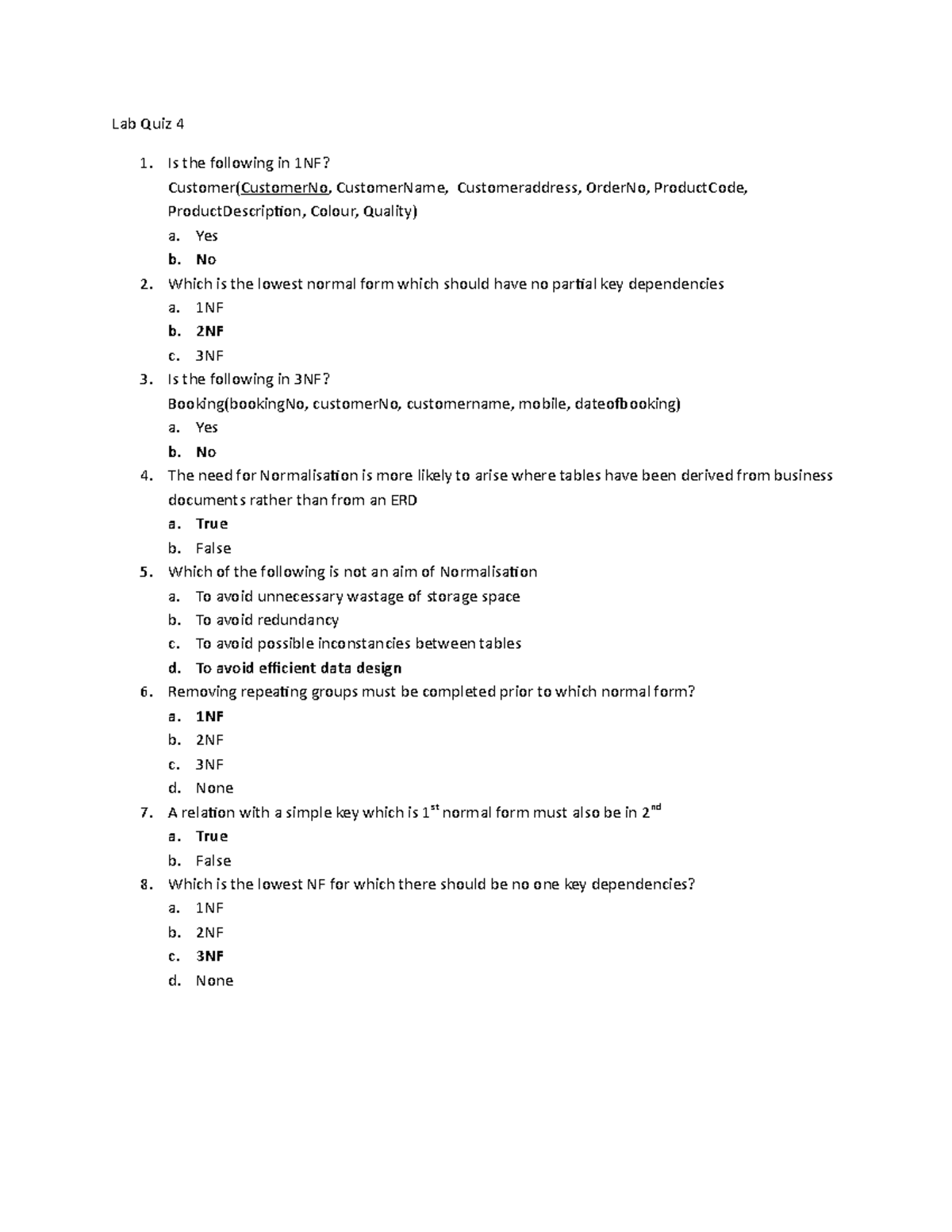 Quiz 4 2018, questions and answers - Lab Quiz 4 Is the following in 1NF ...