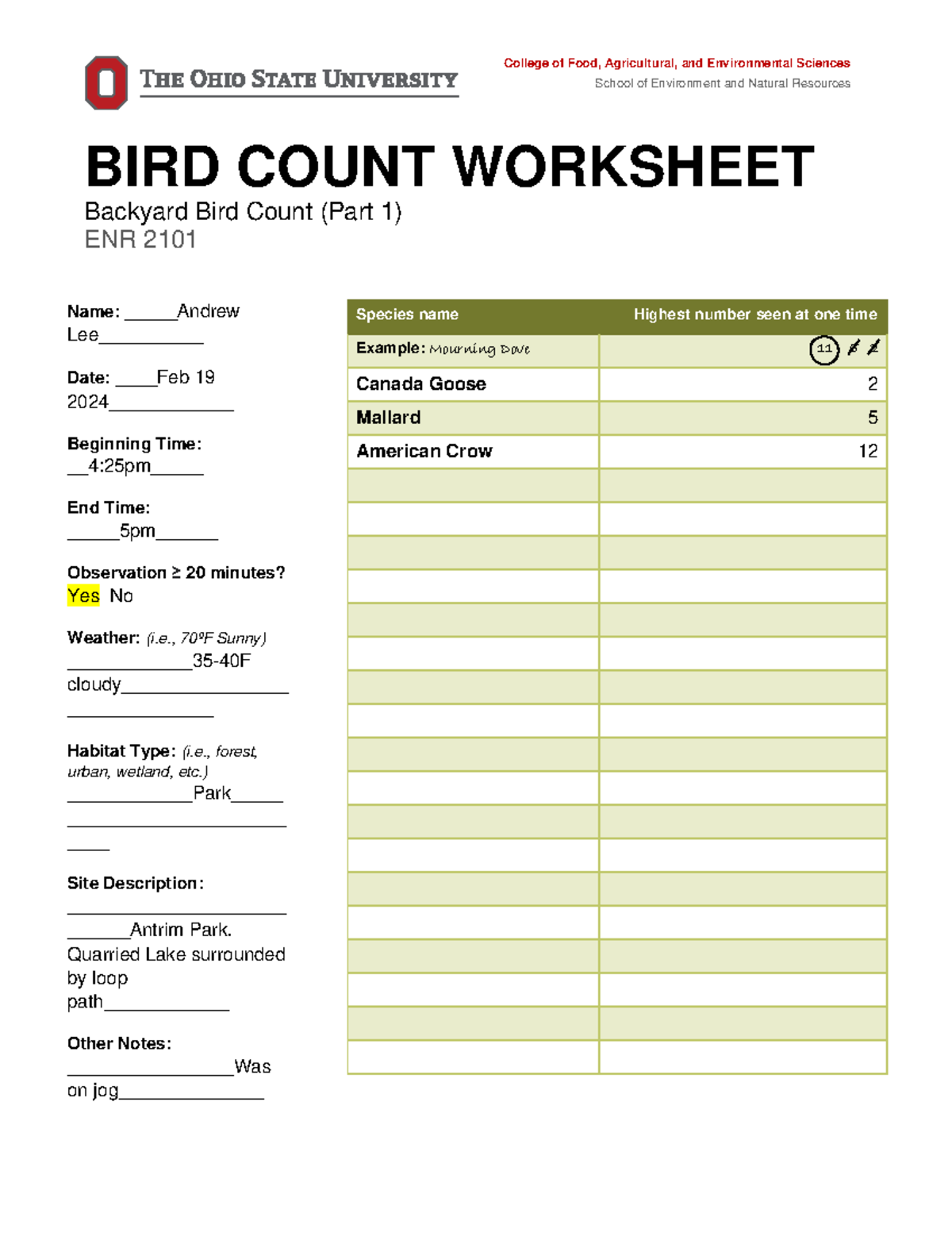 ENR2101 Lab3-1 Bird Count Worksheet [Last Name] - College of Food ...