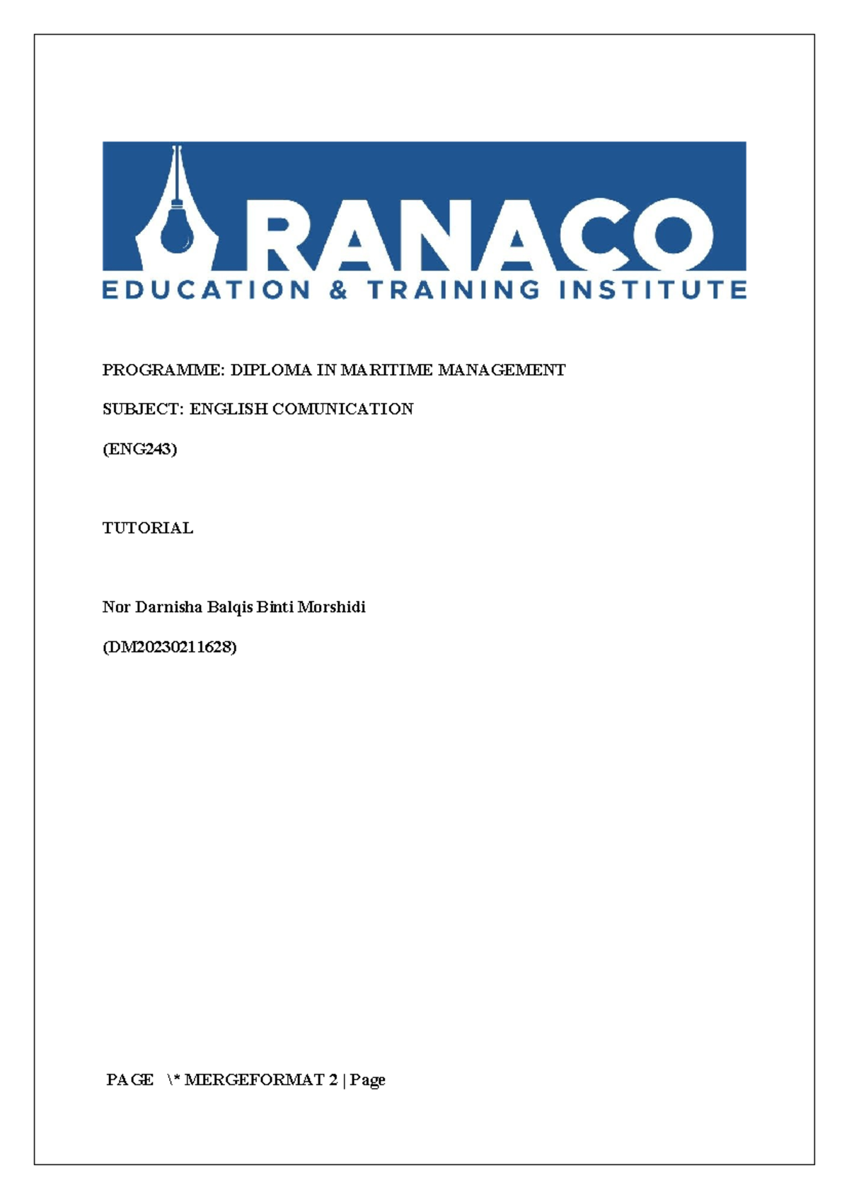 ENG 243 copy - Example essay - PROGRAMME: DIPLOMA IN MARITIME ...