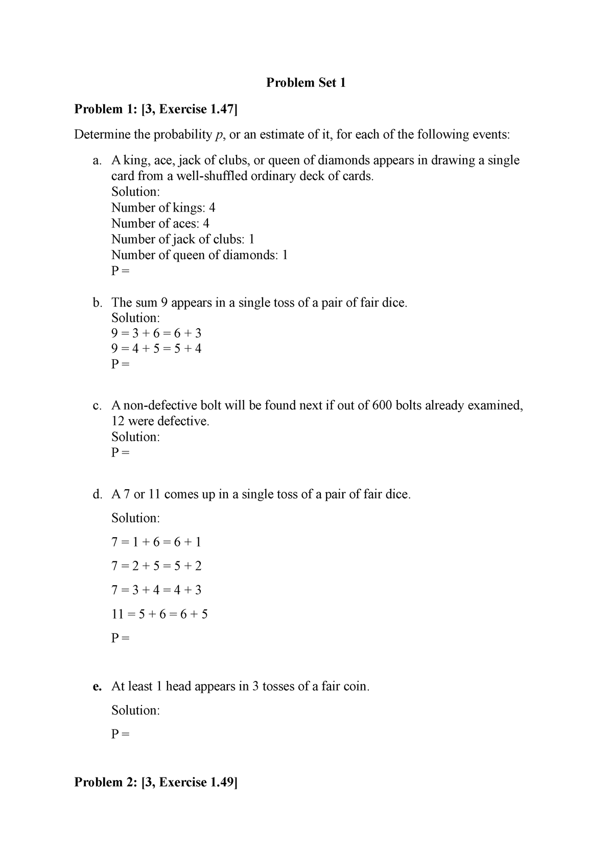 Probability and Statistics .Assignment 1 updated - Problem Set 1 ...