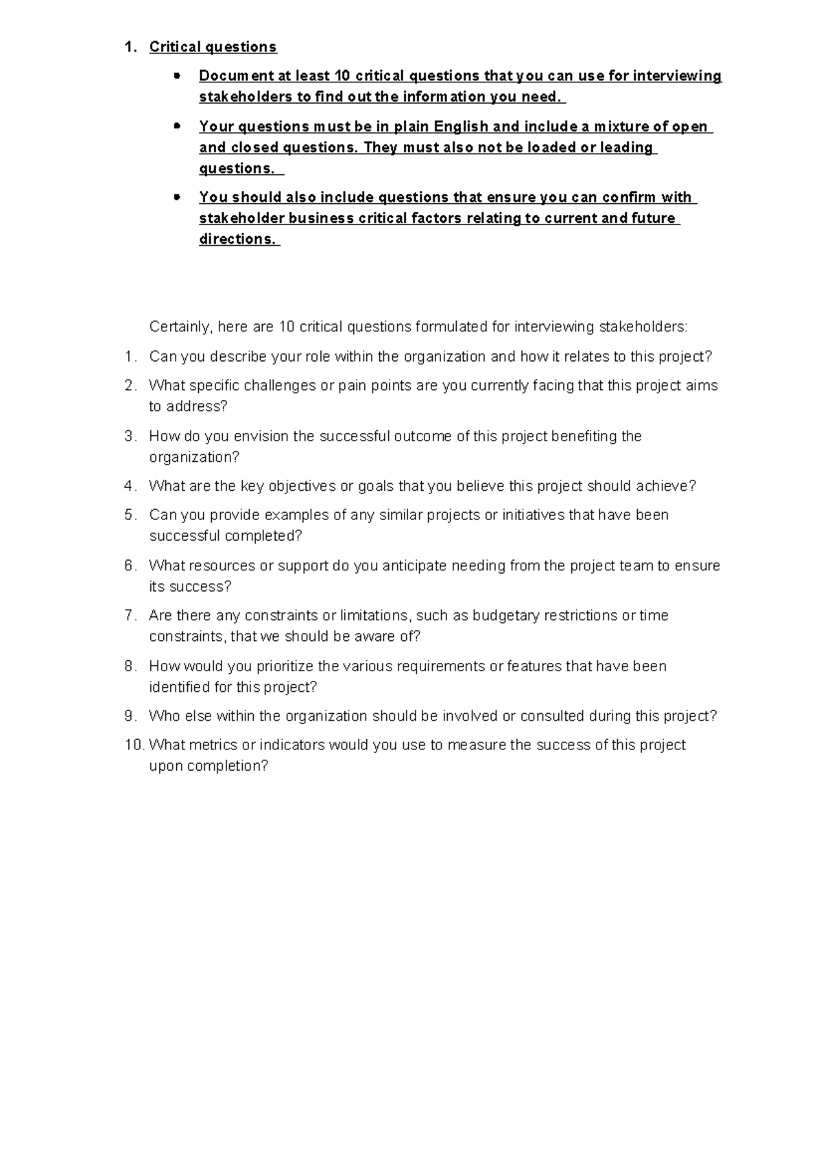 Critical questions - Your questions must be in plain English and ...