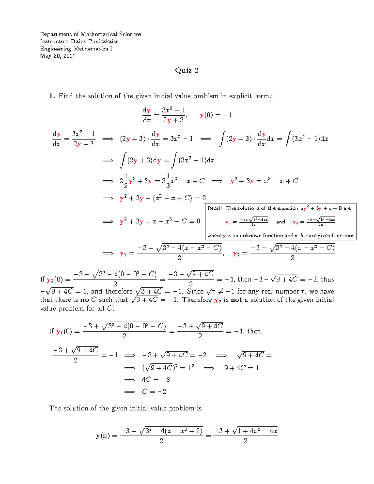 Engineering Mathematics Summer 2017 Quiz 2 Solution - Department of ...