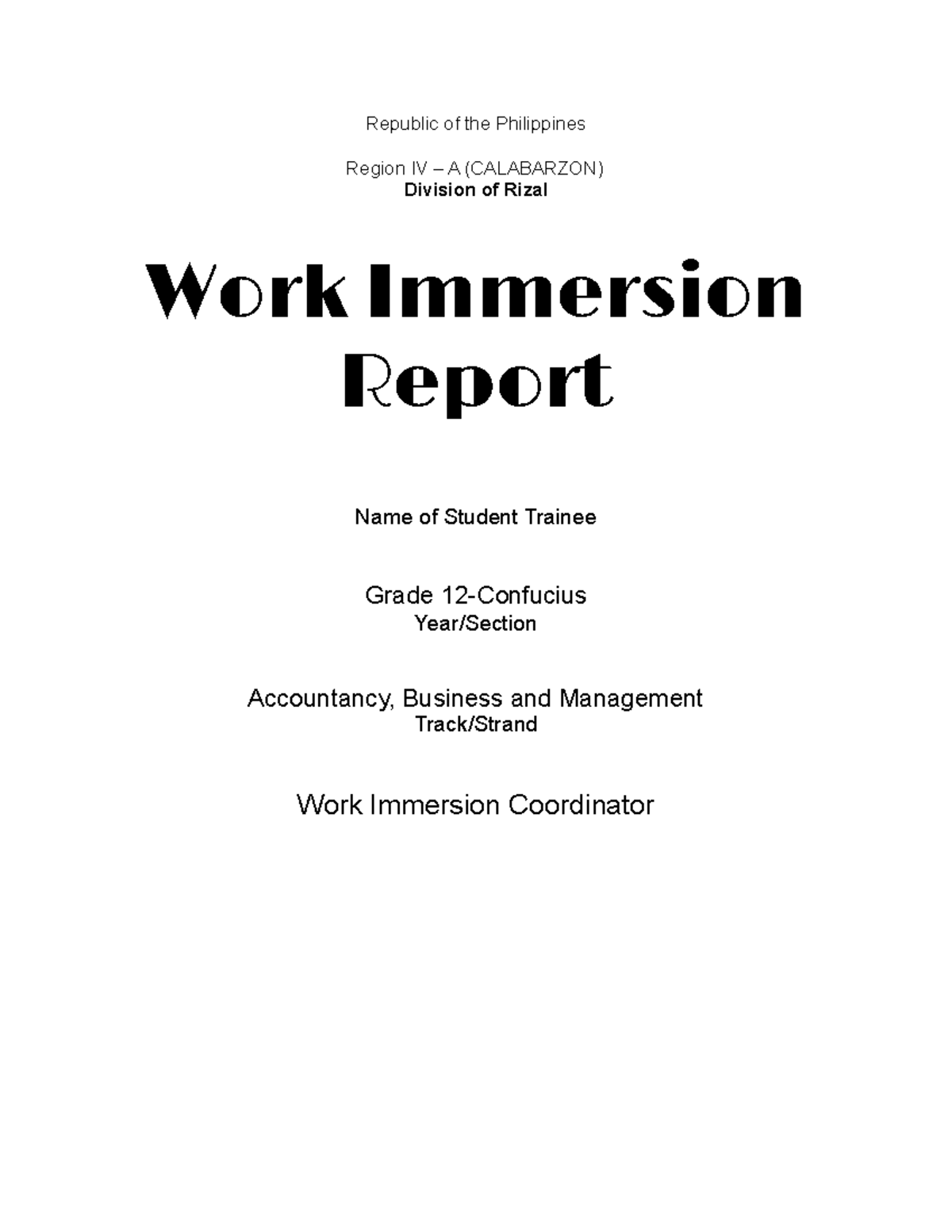 Work Immersion Sample Wokrbook Republic Of The Philippines Region IV