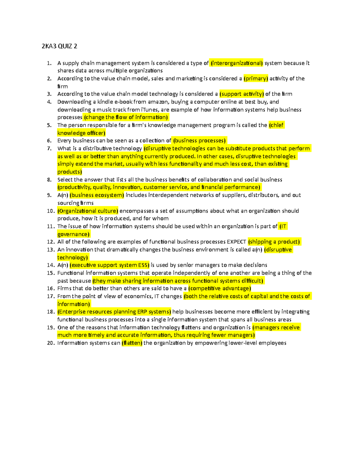 2KA3 QUIZ 2 - Quiz 2 - 2KA3 QUIZ 2 A Supply Chain Management System Is ...