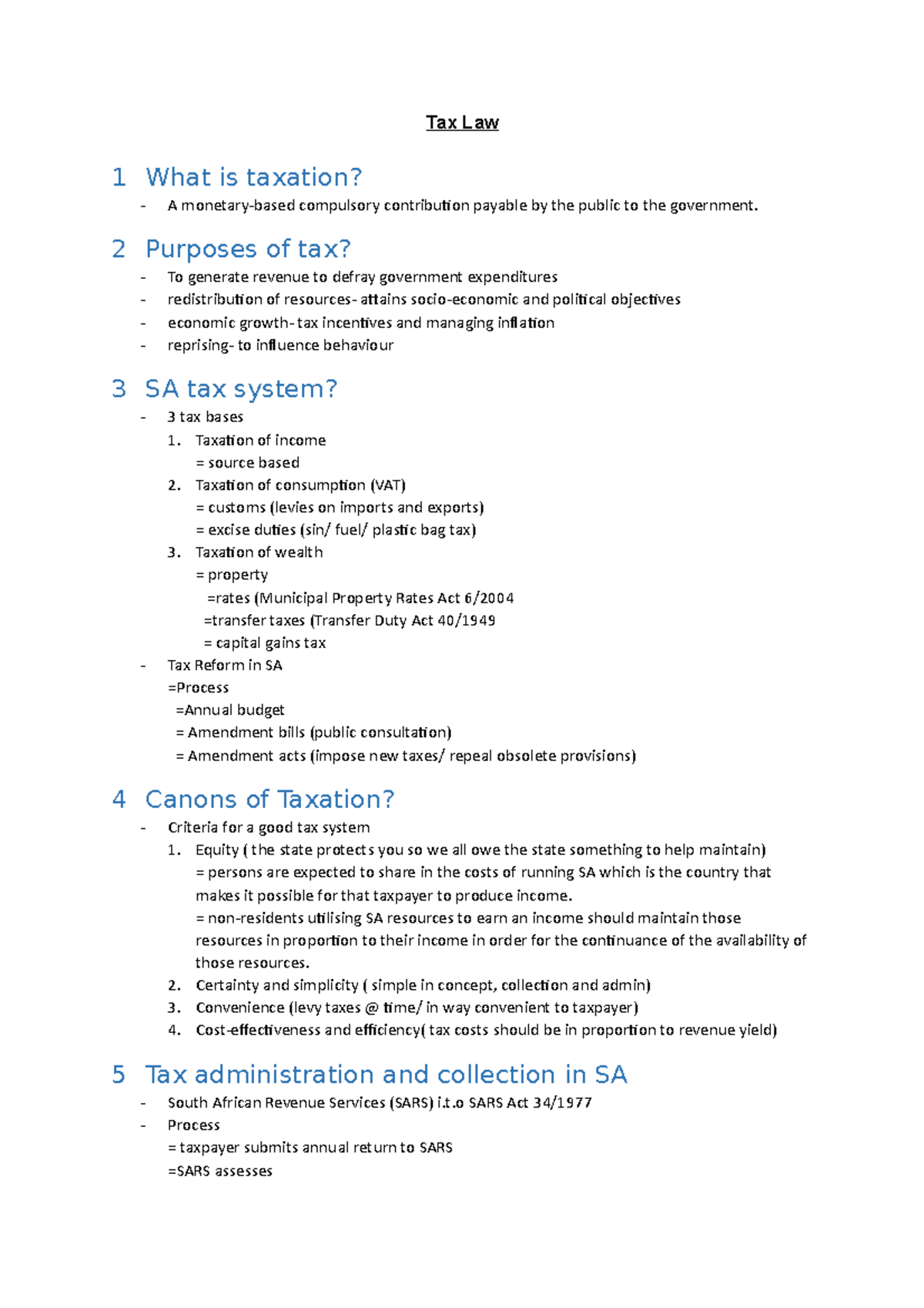 Units 1-4 Tax Law Study Notes for June - Tax Law 1 What is taxation? A ...
