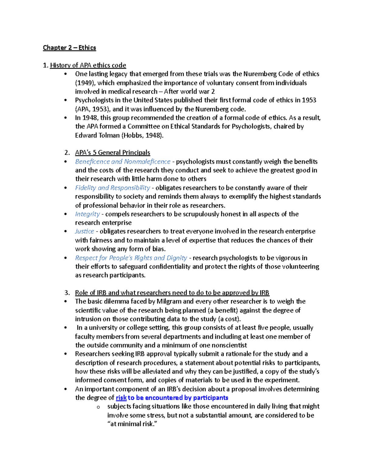 PSYC 203 chapter 2 notes - Chapter 2 – Ethics History of APA ethics ...