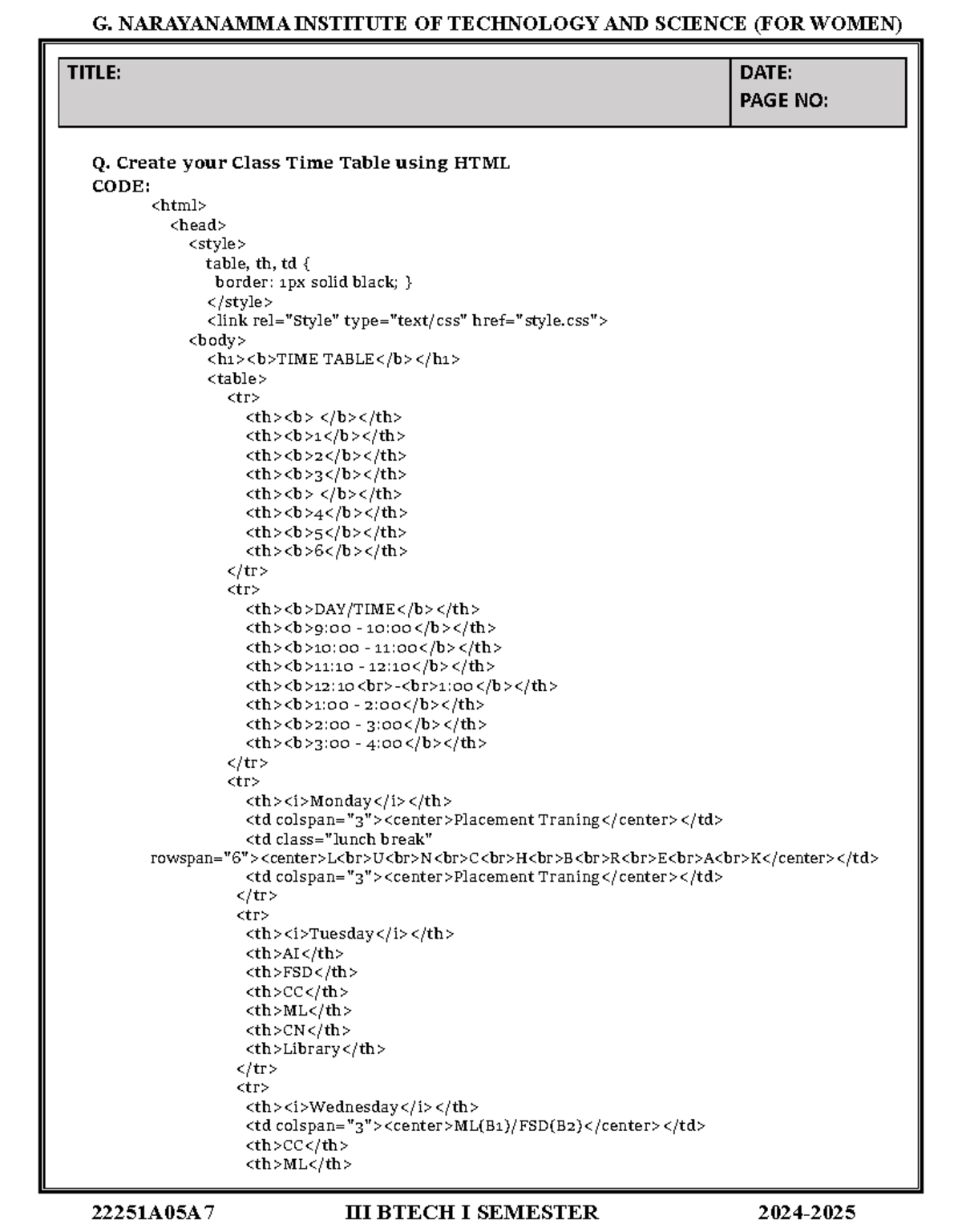 FSD LAB (1) - dcjnsmlx, - TITLE: DATE: PAGE NO: Q. Create your Class ...
