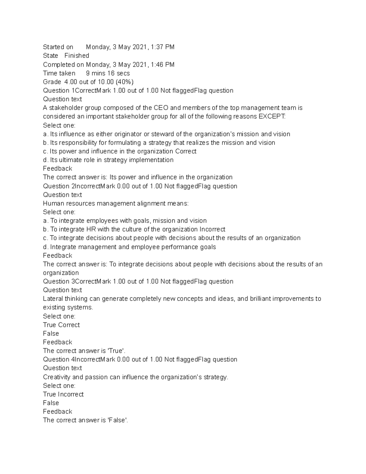 Bus 1101 - Self Quiz Unit 4 - Started On Monday, 3 May 2021, 1:37 PM ...