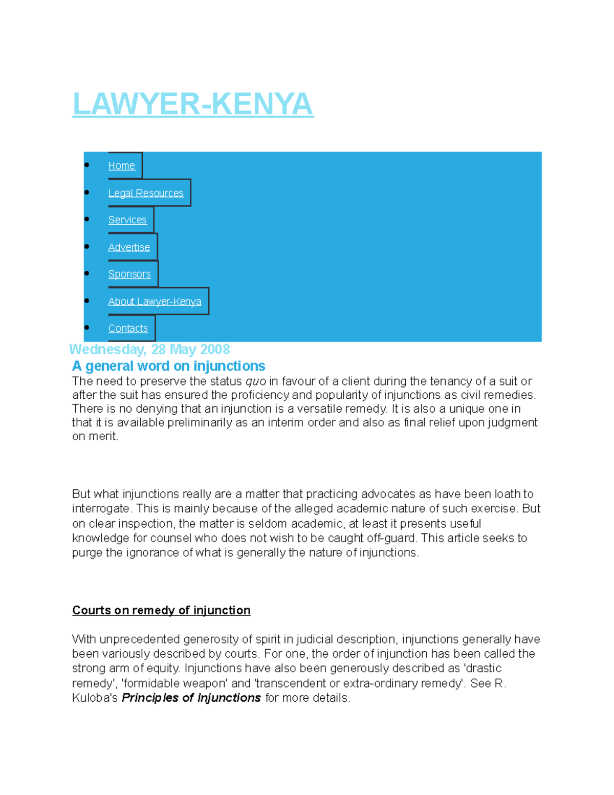 Article ON Injuction LAWYERKENYA Where Law Meets Practice! Home Legal Resources Services