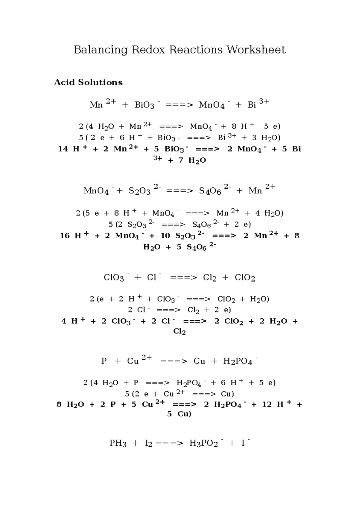 Balancing redox reactions worksheets ans Balancing Redox Reactions Worksheet Acid Solutions Mn