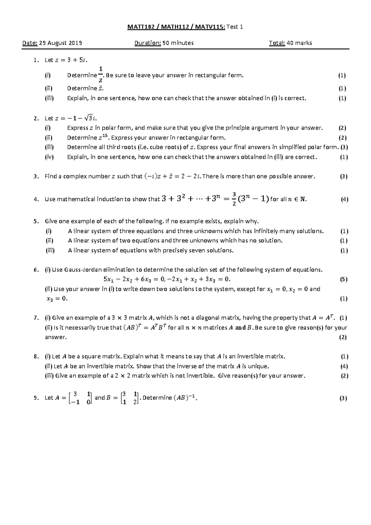 Test 1 (2019 ) - Maths - MATT102 / MATH112 / MATV115: Test 1 Date: 29 ...